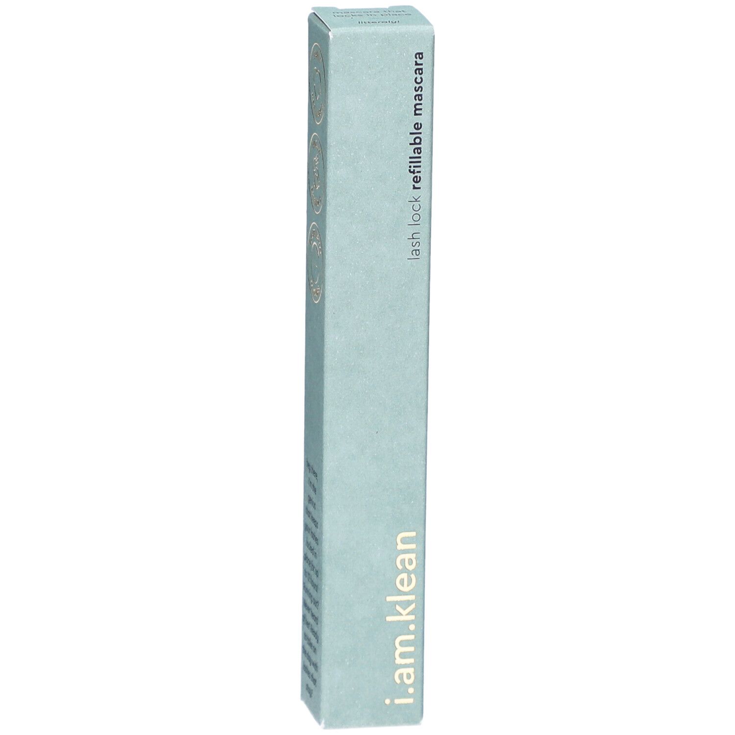 Emballage de mascara i.am.klean. Boîte allongée vert clair avec nom du produit et texte : lash lock refillable mascara.