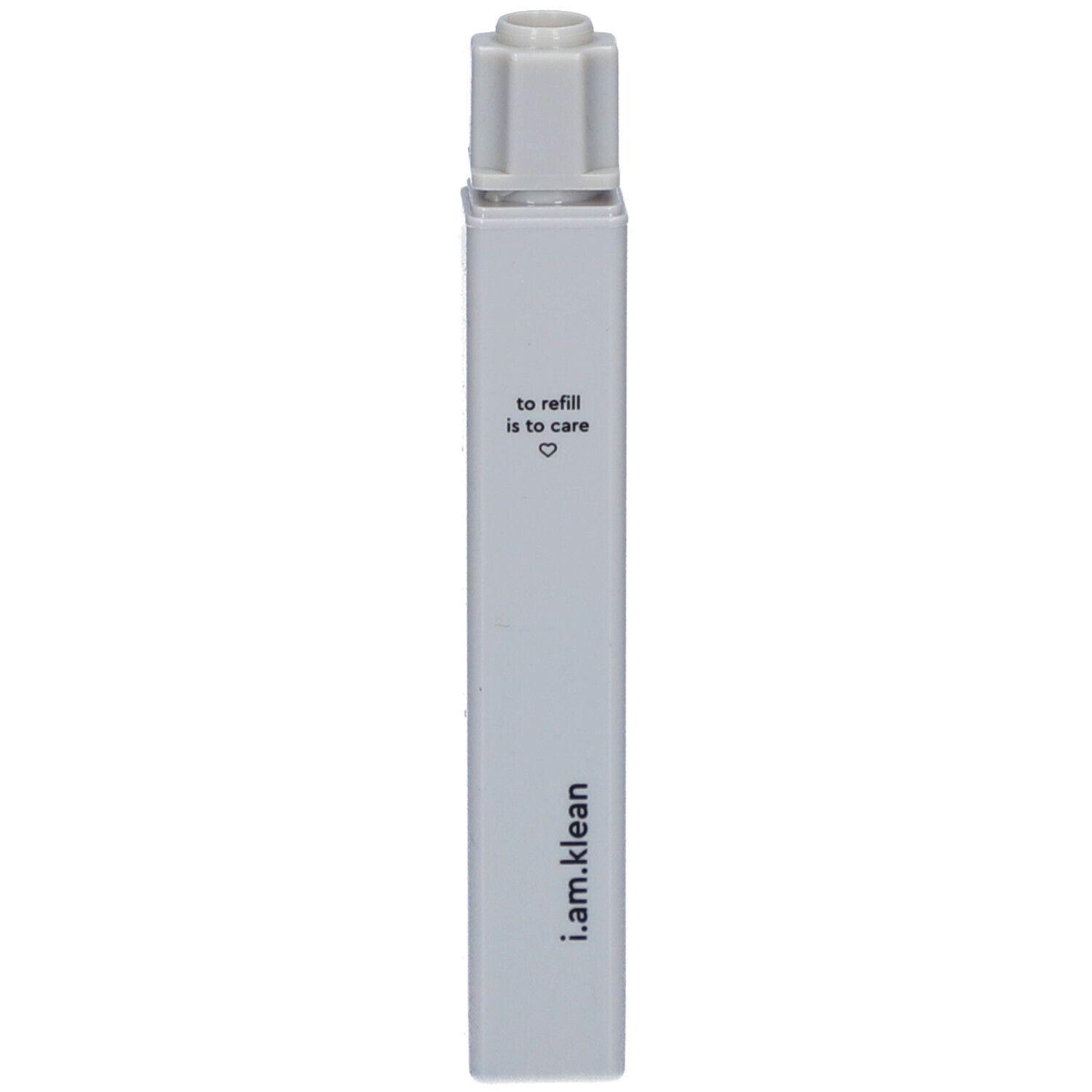 Recharge de mascara gris avec bouchon blanc. Texte : i.am.klean, to refill is to care.