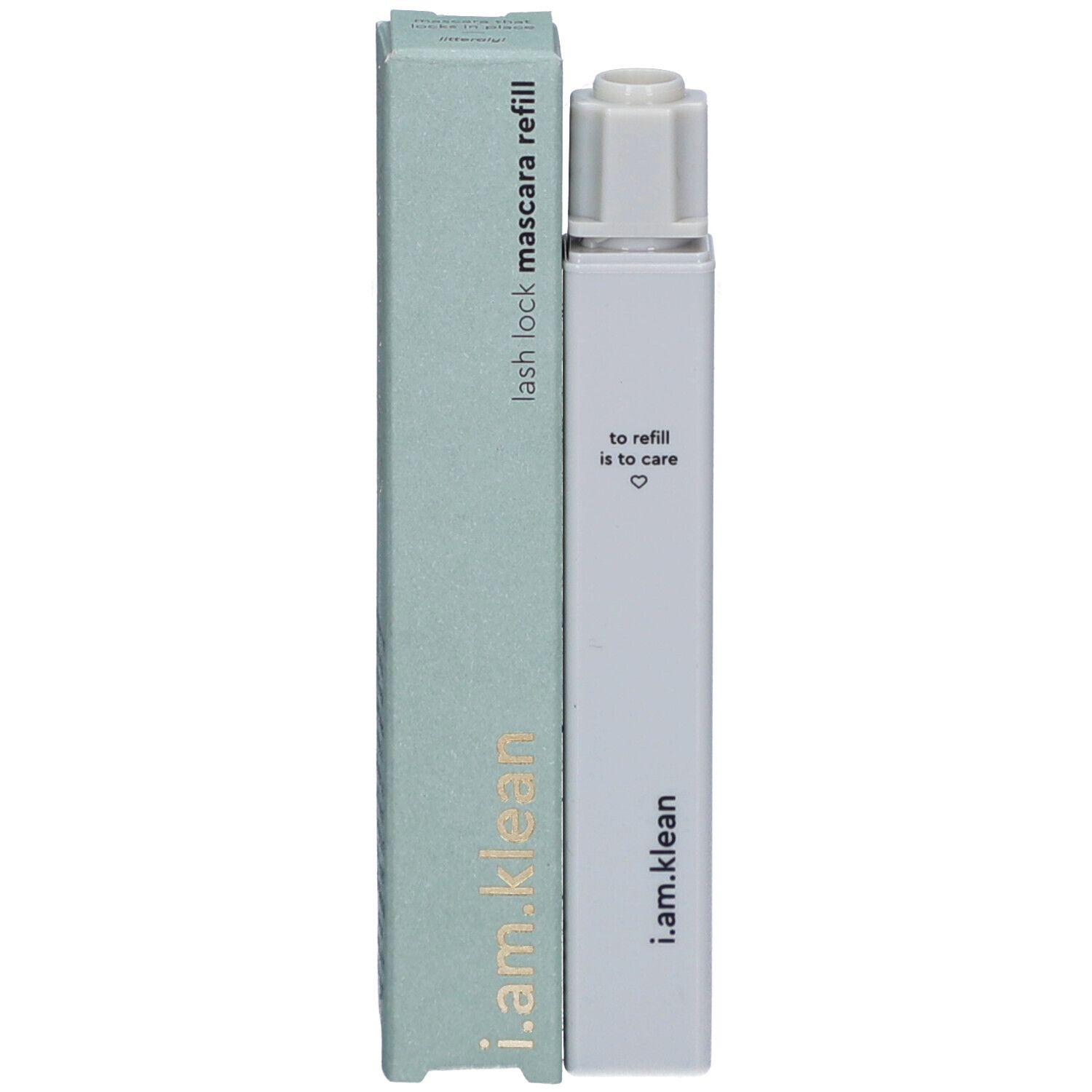 Recharge de mascara et emballage. Texte : i.am.klean, lash lock mascara refill.