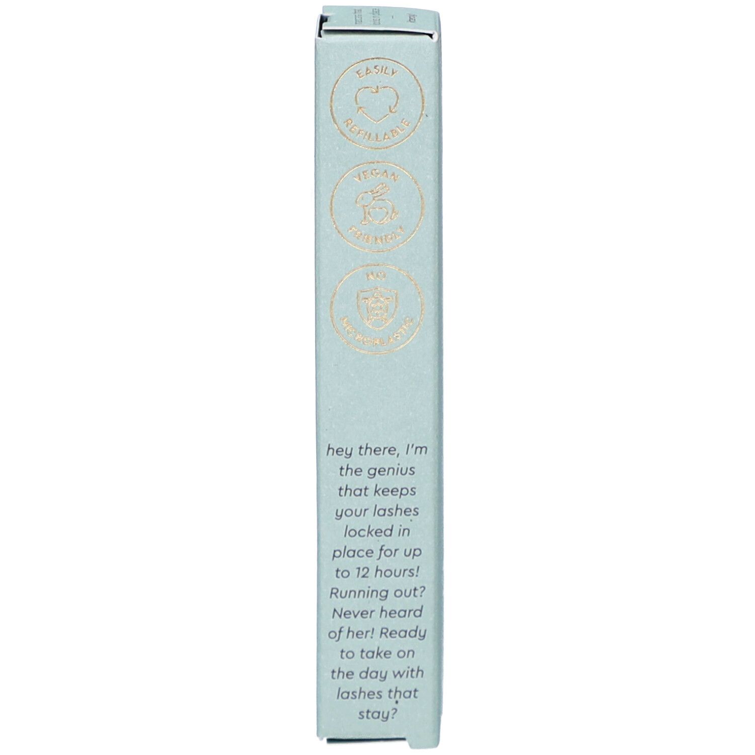 Emballage avec logos et texte. Logos : Easily recyclable, Vegan, Cruelty free. Texte.