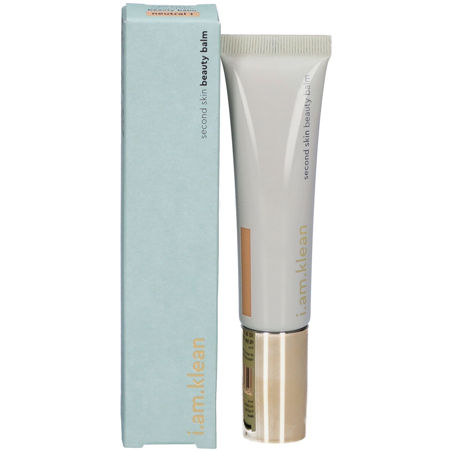 Tube de crème et boîte. Inscription : i.am.klean, second skin beauty balm, neutral 1.