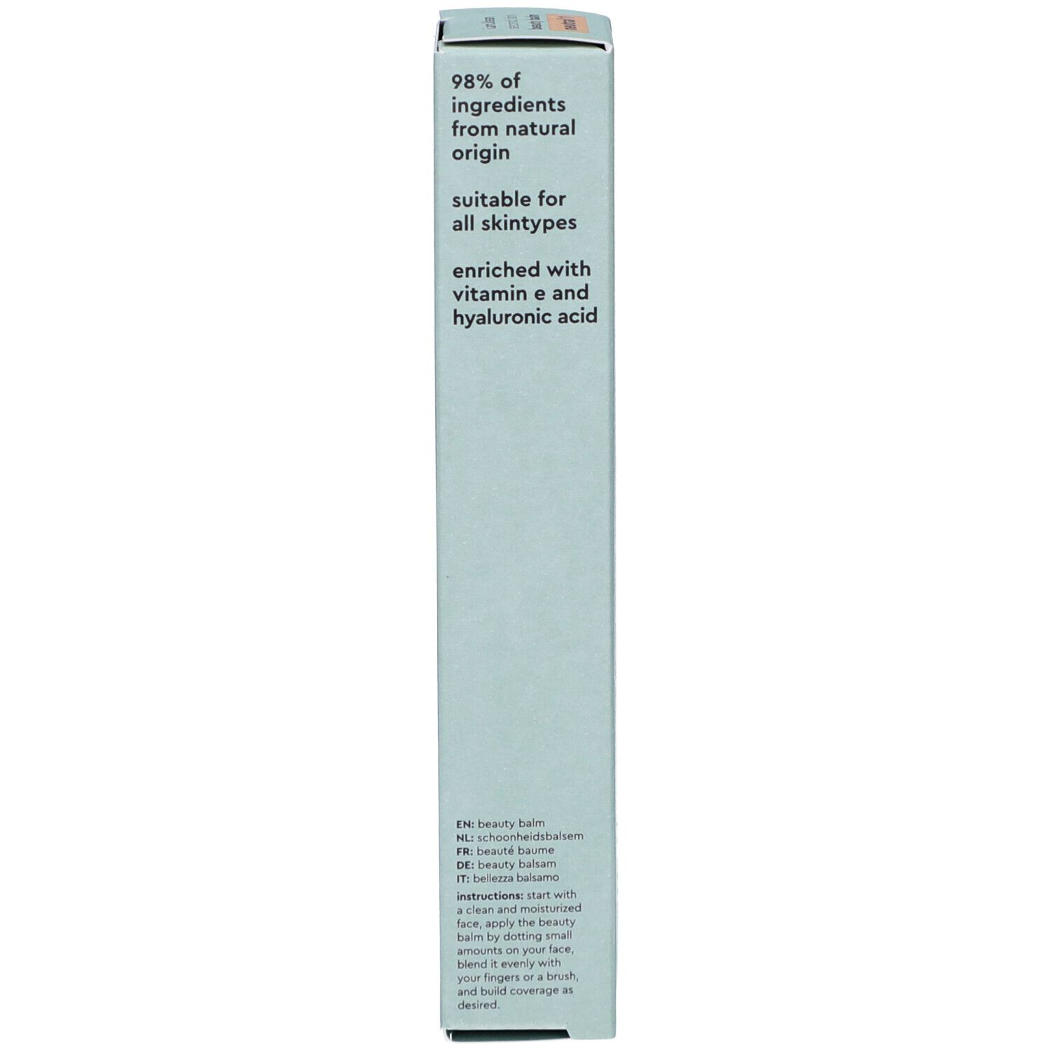 Boîte bleu clair. Texte : 98% d'ingrédients d'origine naturelle, convient à tous les types de peau, enrichi en vitamine E et acide hyaluronique.