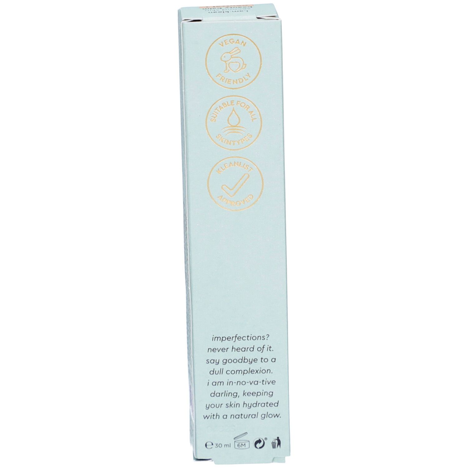 Boîte bleu clair. Logos : Vegan, Testé dermatologiquement, Sans cruauté. Texte : i.am.klean, keeping your skin hydrated with a natural glow.