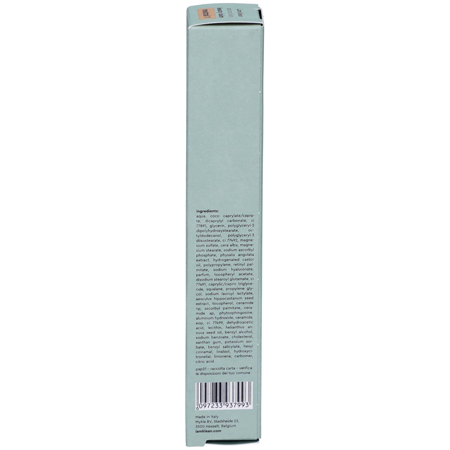 Boîte bleu clair. Liste des ingrédients et code-barres. Fabricant : i.am.klean, Belgique.