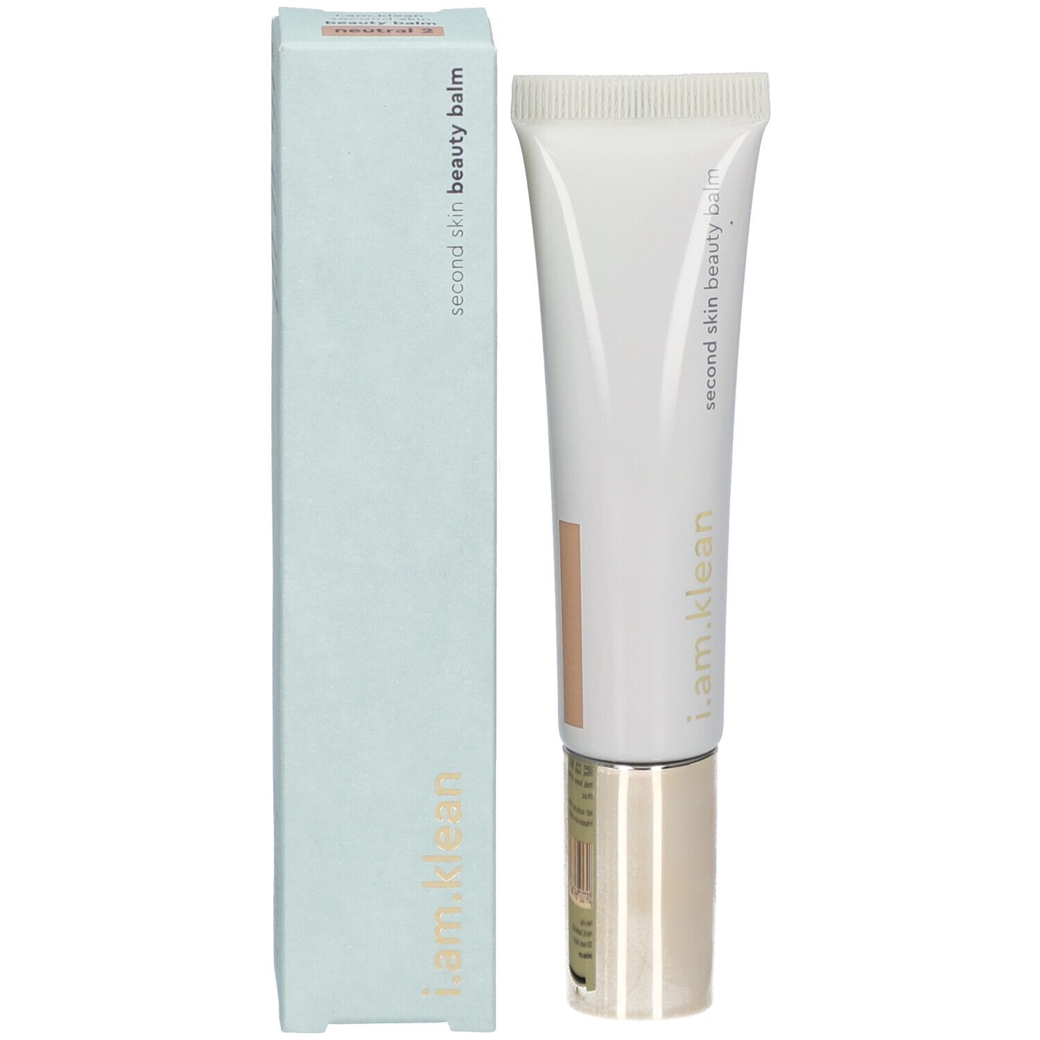 Emballage du produit et tube de crème. Inscription : i.am.klean, second skin beauty balm.
