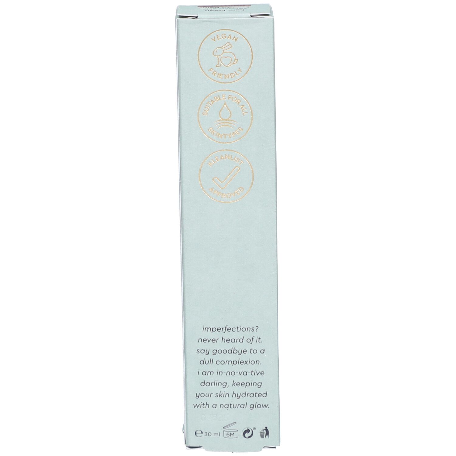 Boîte bleu clair avec logos et texte. Vegan, sans cruauté, testé dermatologiquement. Vue verticale.