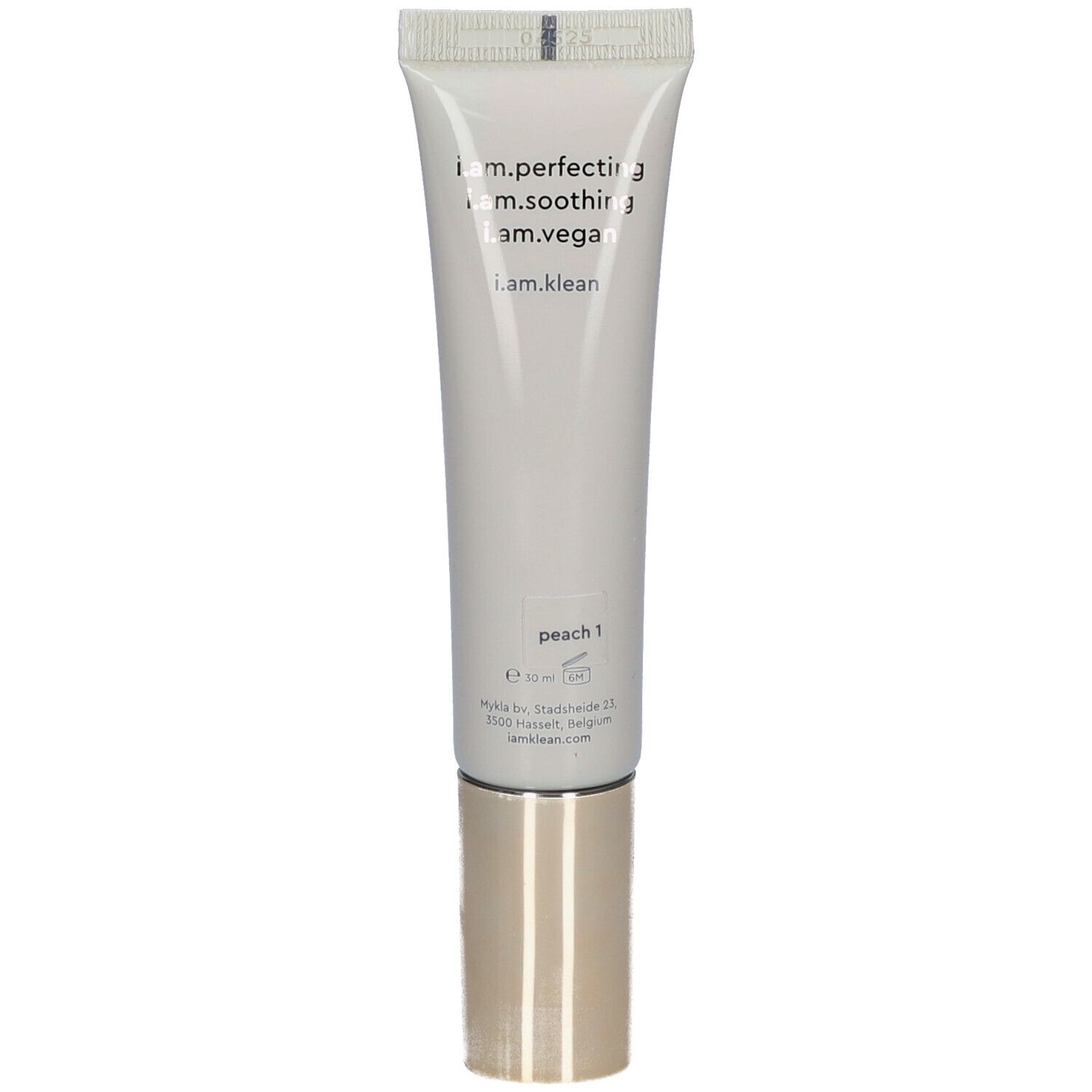 Dos d'un tube de crème. Inscription : i.am.klean, peach 1, ingrédients, E 30 ml.