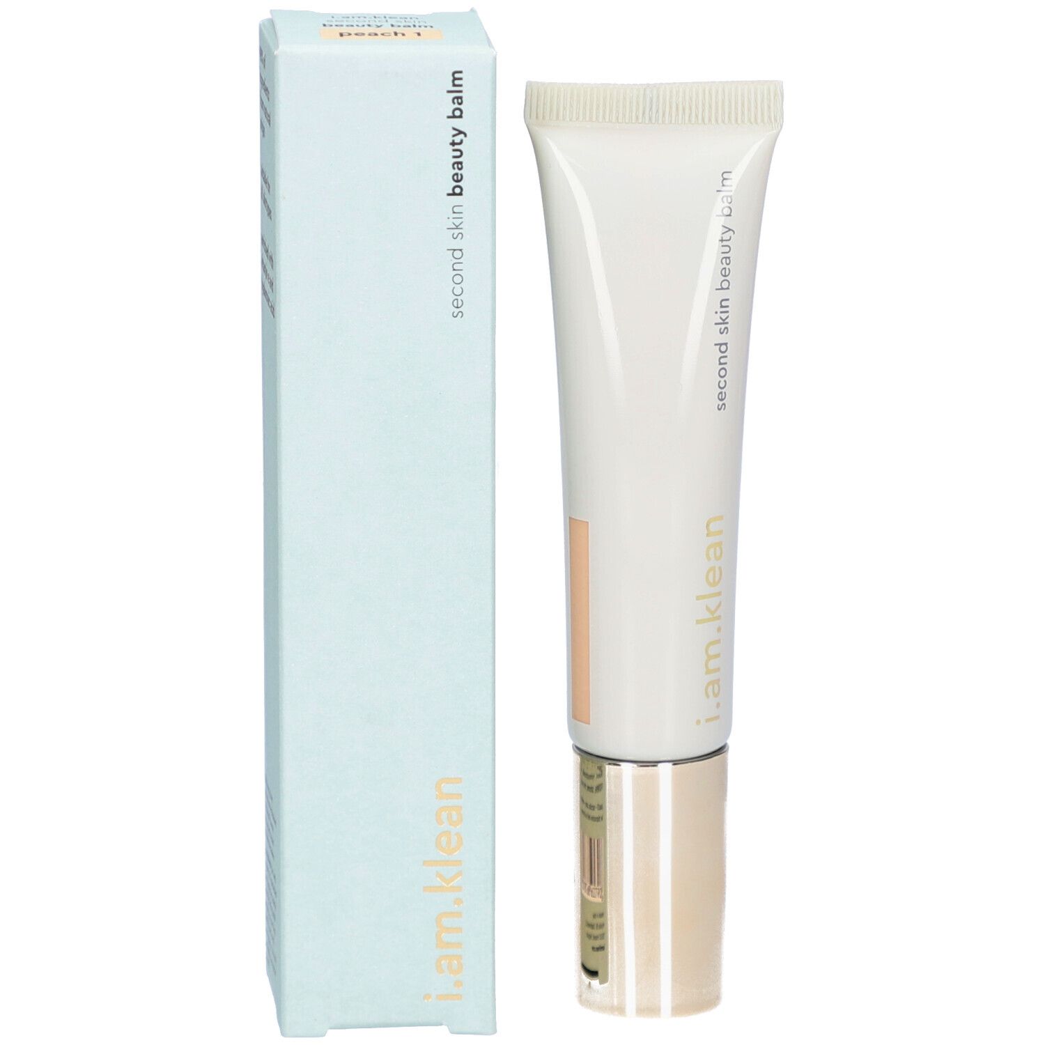 Produit et emballage. Tube et boîte. Inscription : i.am.klean, second skin beauty balm, peach 1.