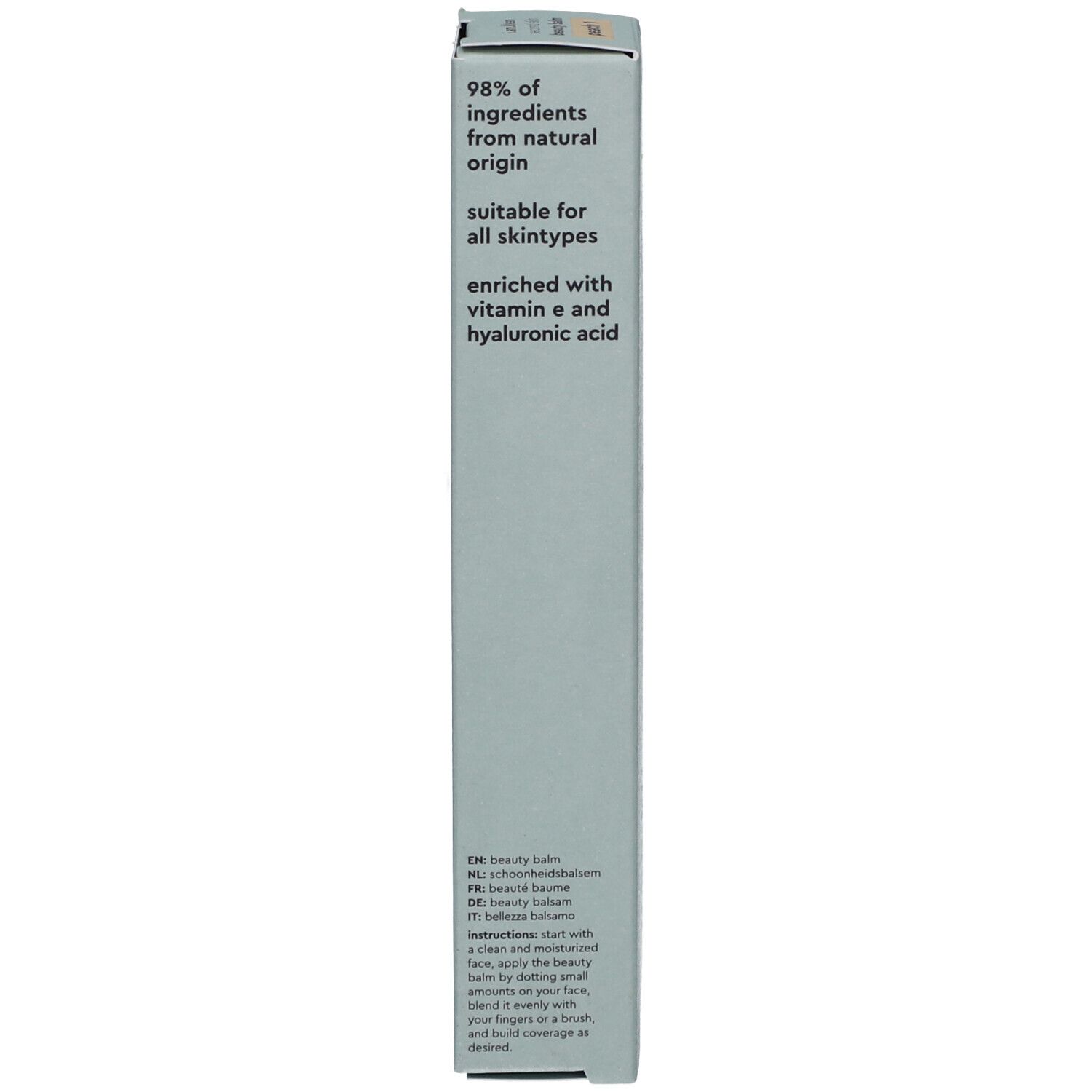 Boîte. Inscription : 98% d'ingrédients d'origine naturelle, convient à tous les types de peau, avec vitamine E et acide hyaluronique.