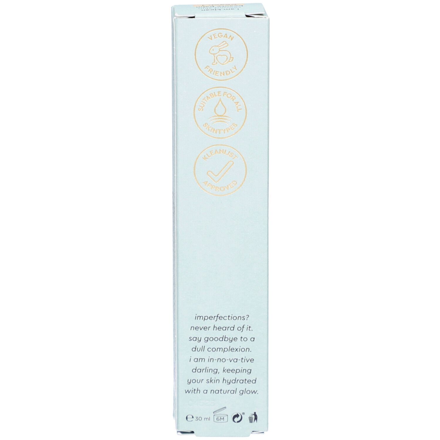 Boîte. Inscription : Vegan, sans cruauté, durable, i.am.klean, E 30 ml.