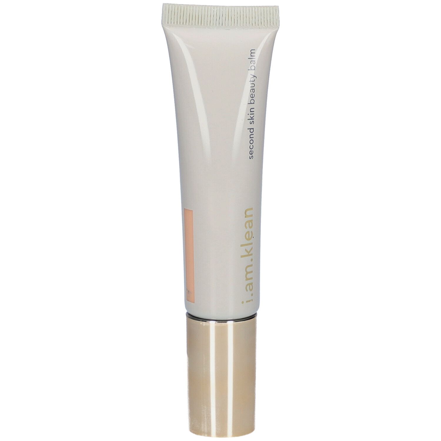 Tube beige avec bouchon doré. Inscription : i.am.klean, second skin beauty balm.