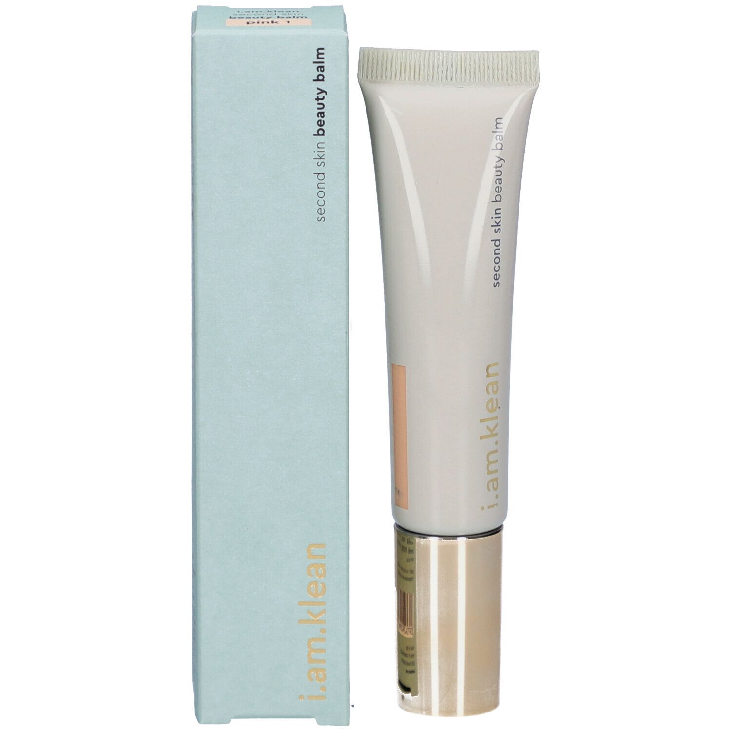 Emballage et tube du produit. Inscription : i.am.klean, second skin beauty balm.