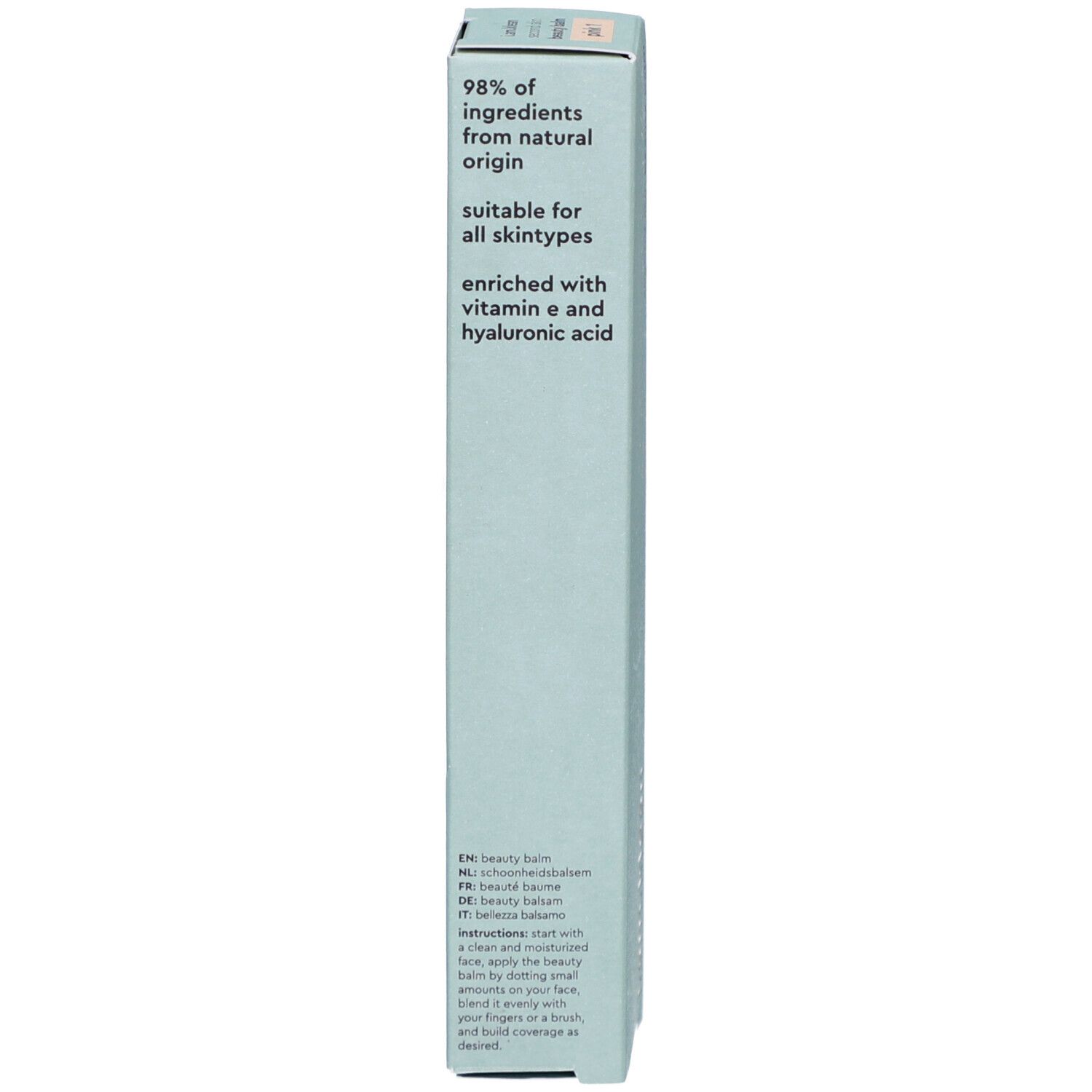 Emballage du produit. Inscription : 98% d'ingrédients d'origine naturelle, convient à tous les types de peau.