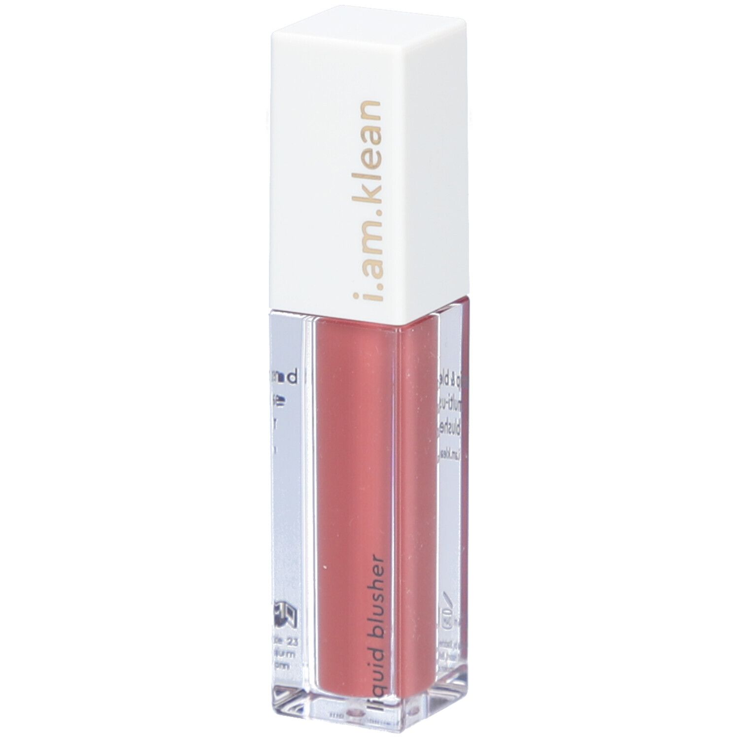 Flacon de blush liquide avec bouchon blanc. Inscription : i.am.klean. Nom du produit : liquid blusher. Contenu rose.