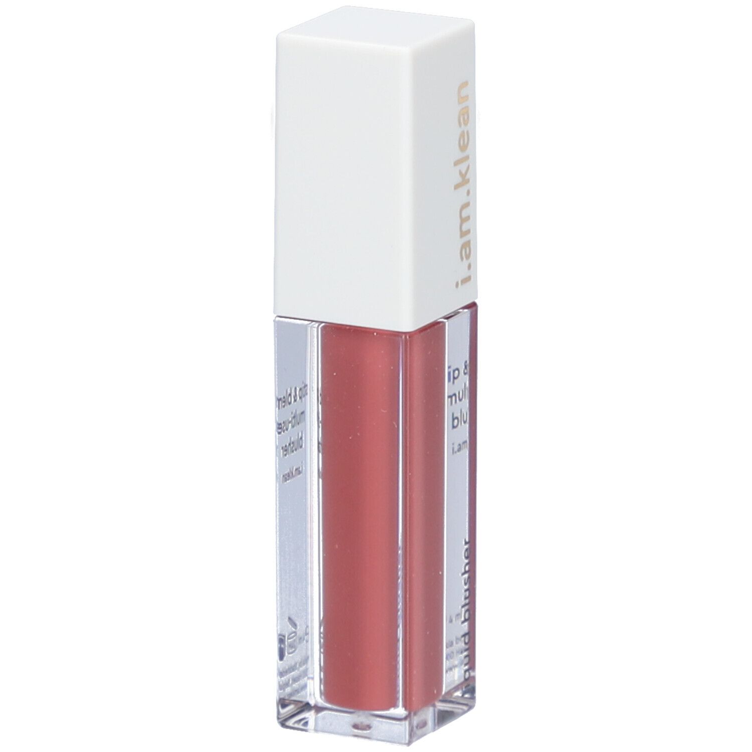 Flacon de blush liquide avec bouchon blanc. Inscription : i.am.klean. Nom du produit : liquid blusher. Contenu rose.