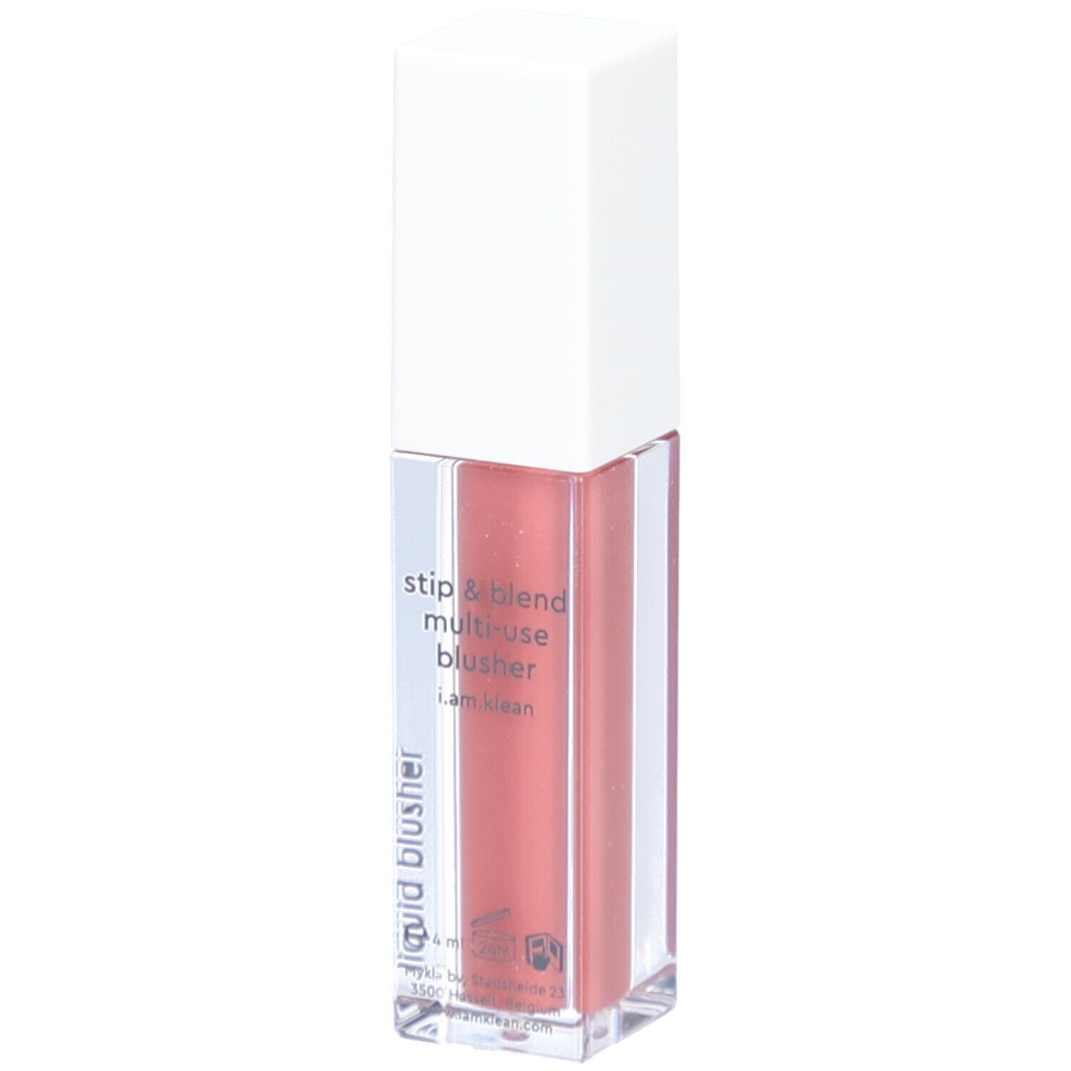 Flacon de blush liquide avec bouchon blanc. Inscription : i.am.klean. Nom du produit : liquid blusher. Contenu rose.