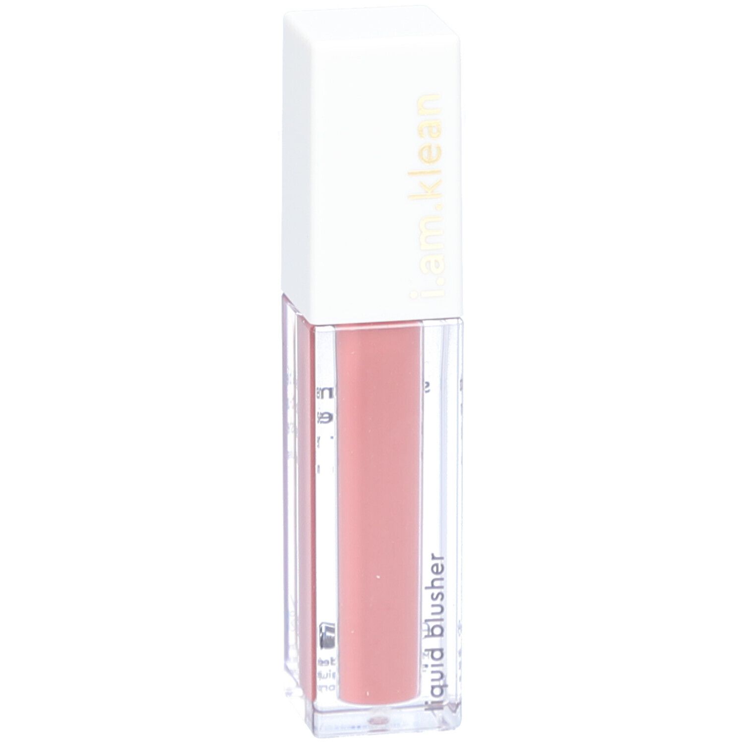 Flacon de blush liquide avec bouchon blanc. Inscription : i.am.klean. Nom du produit : liquid blusher. Contenu rose.