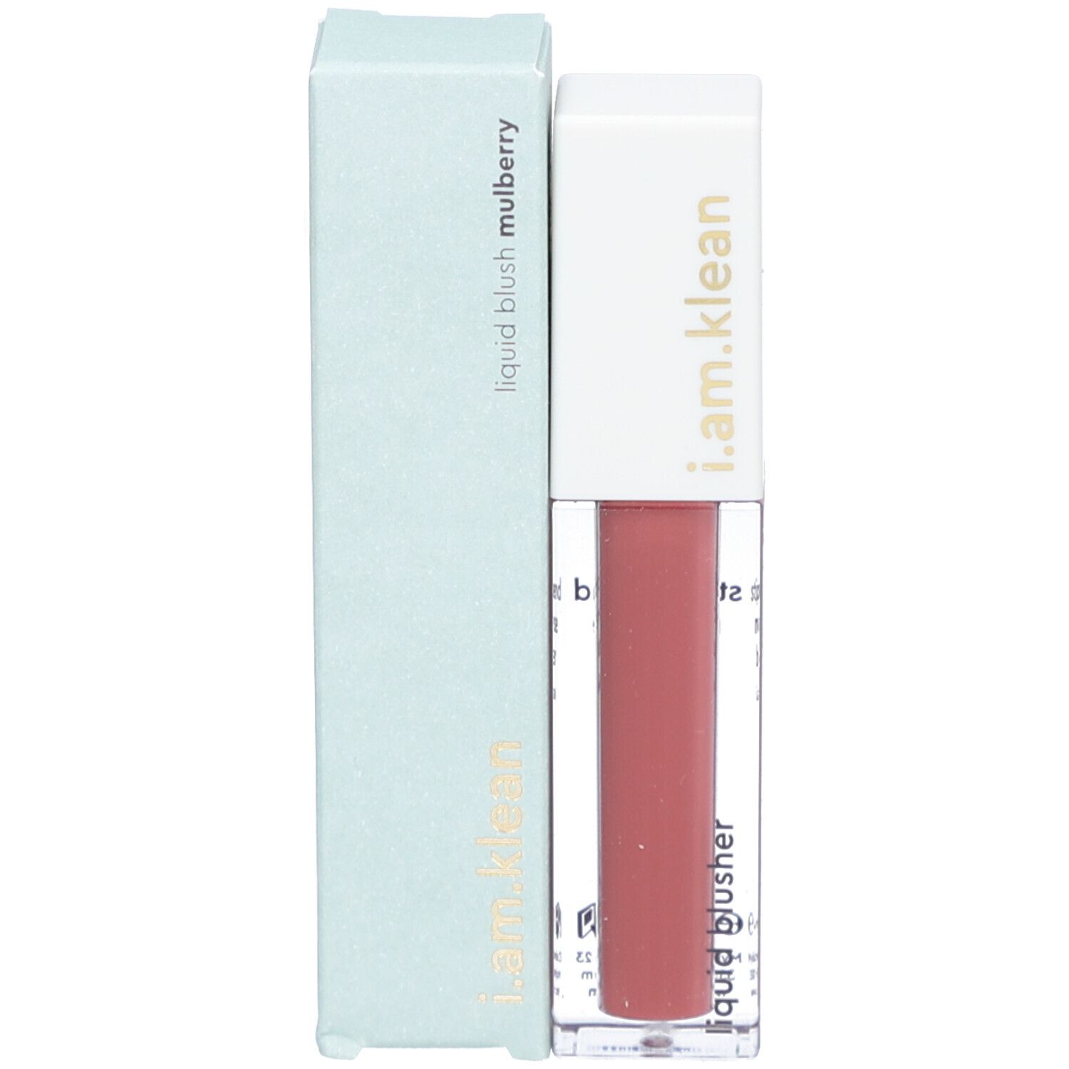 Flacon de blush liquide avec bouchon blanc et emballage. Inscription : i.am.klean, liquid blush mulberry. Contenu rose.