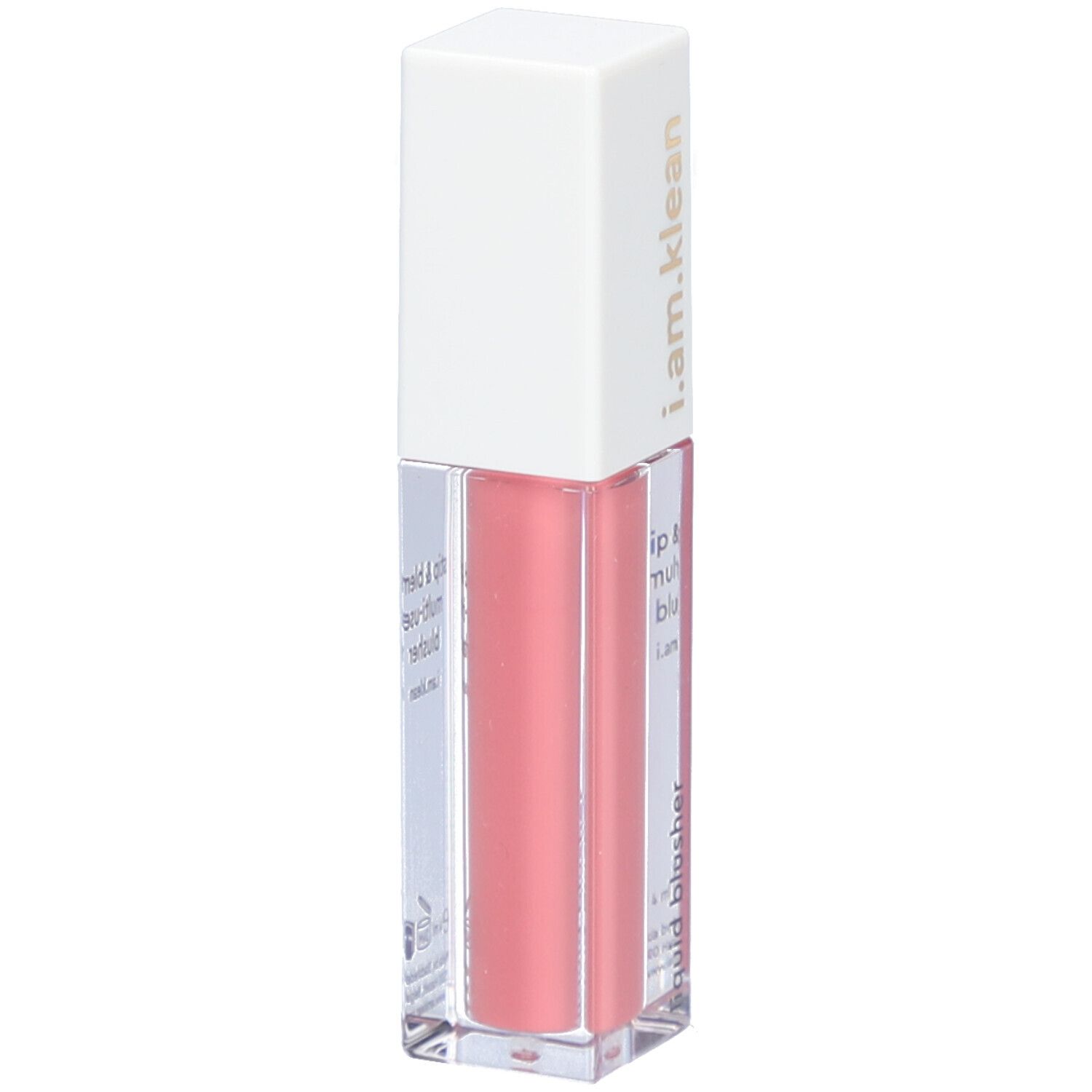 Blush liquide dans un flacon rectangulaire transparent avec un bouchon blanc. Inscription : i.am.klean, liquid blusher.