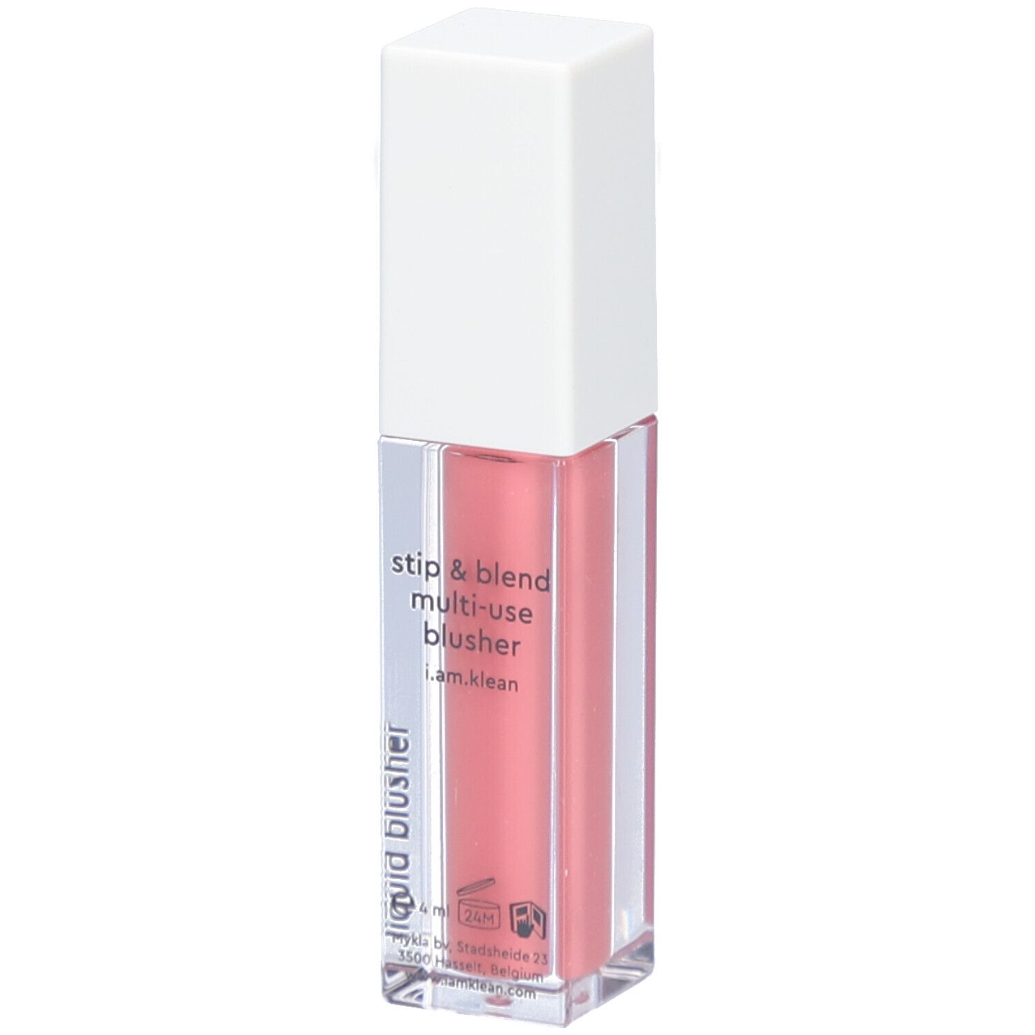Blush liquide dans un flacon rectangulaire transparent avec un bouchon blanc. Inscription : i.am.klean, liquid blusher.