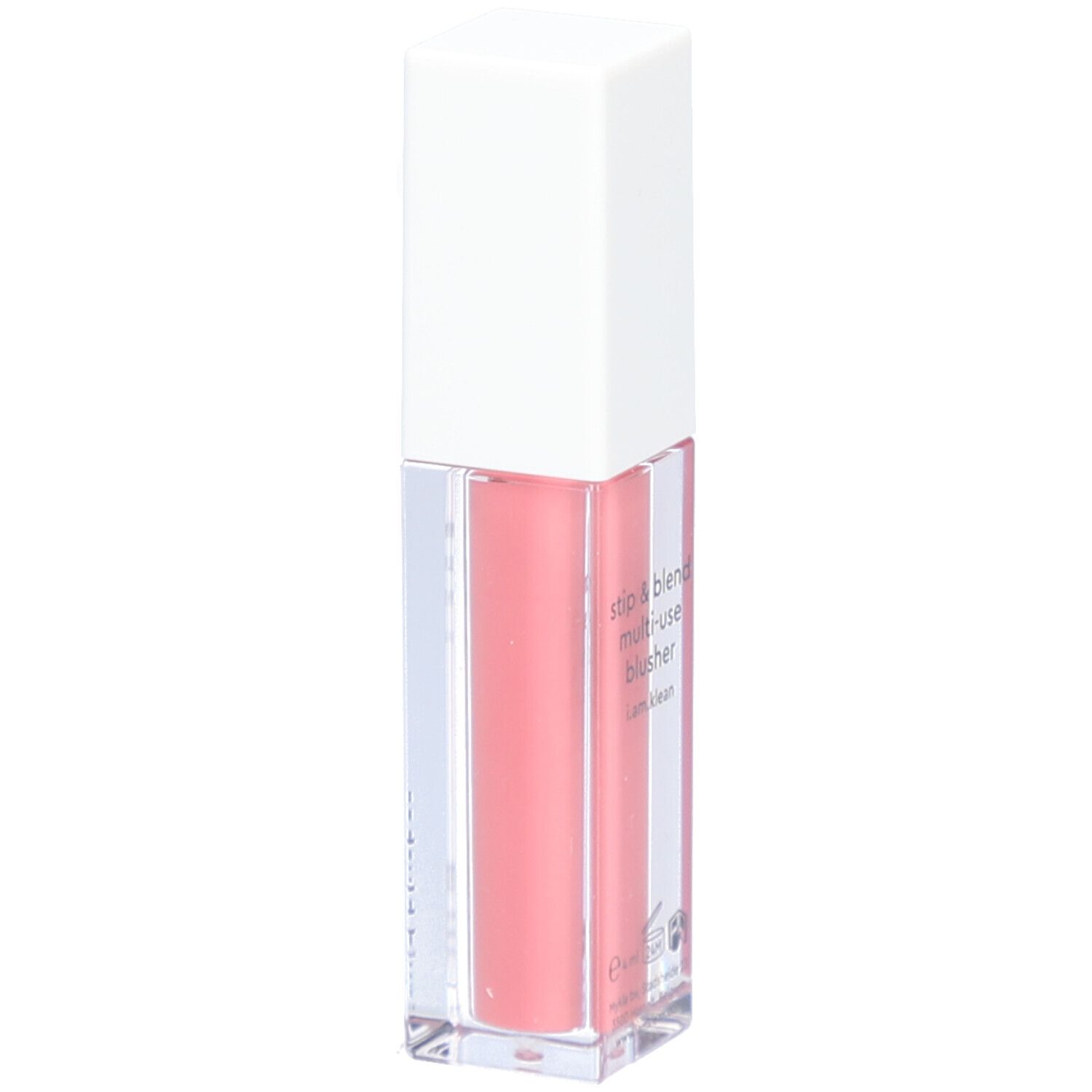 Blush liquide dans un flacon rectangulaire transparent avec un bouchon blanc. Inscription : i.am.klean, liquid blusher.