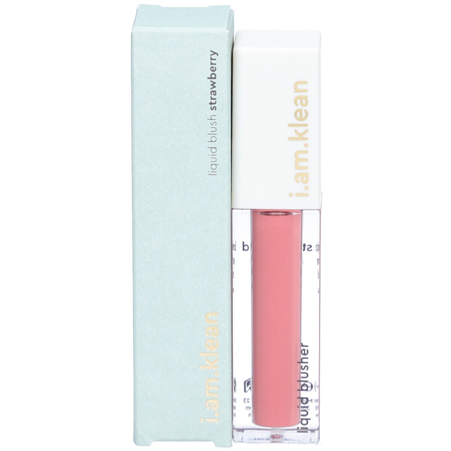 Blush liquide avec emballage. Inscription : i.am.klean, liquid blush strawberry. Bouteille et emballage bleu clair.
