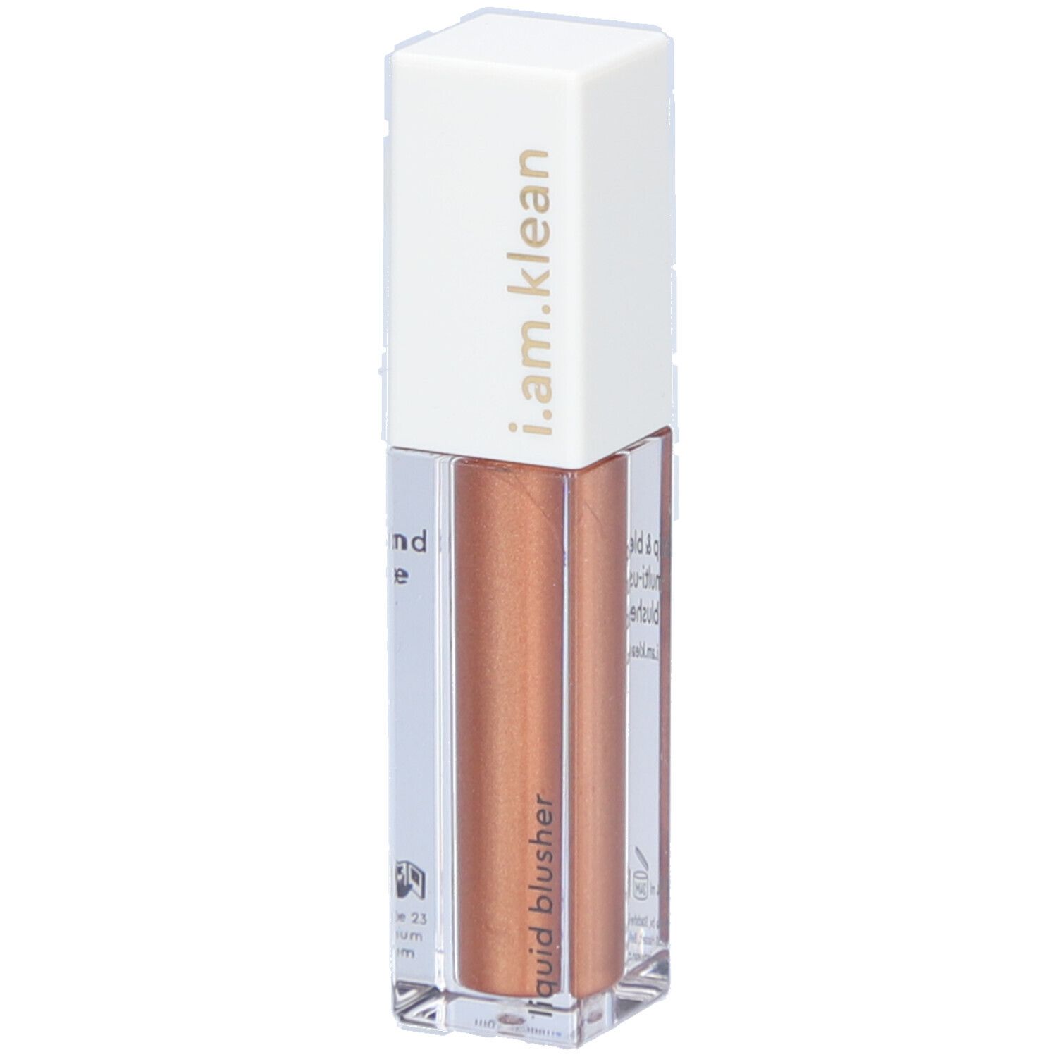 Highlighter liquide. Flacon transparent, bouchon blanc. Inscription: i.am.klean, liquid blusher.