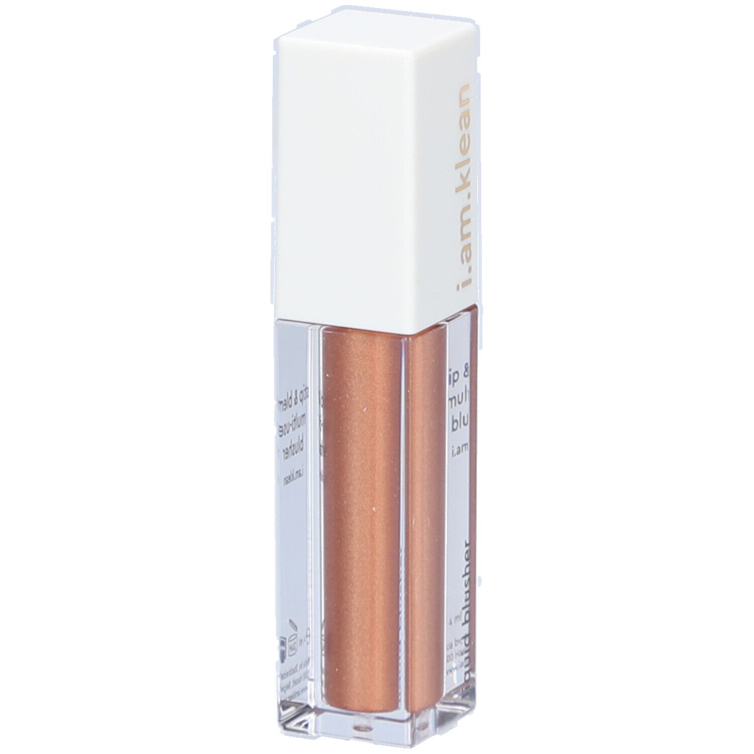 Highlighter liquide. Flacon transparent, bouchon blanc. Inscription: i.am.klean, liquid blusher.