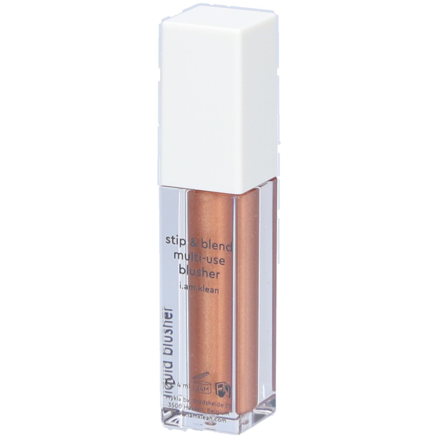 Highlighter liquide. Flacon transparent, bouchon blanc. Inscription: i.am.klean, liquid blusher.