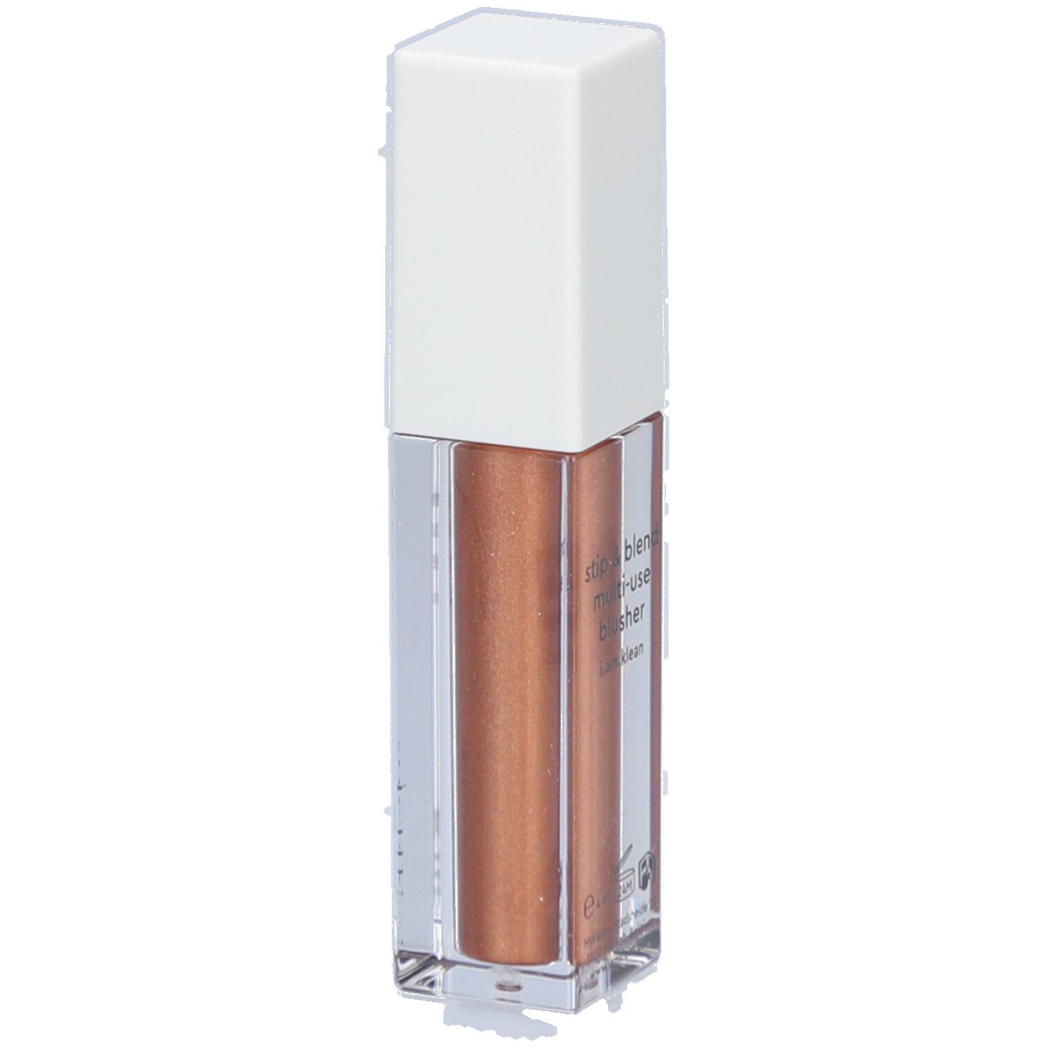 Highlighter liquide. Flacon transparent, bouchon blanc. Inscription: i.am.klean, liquid blusher.