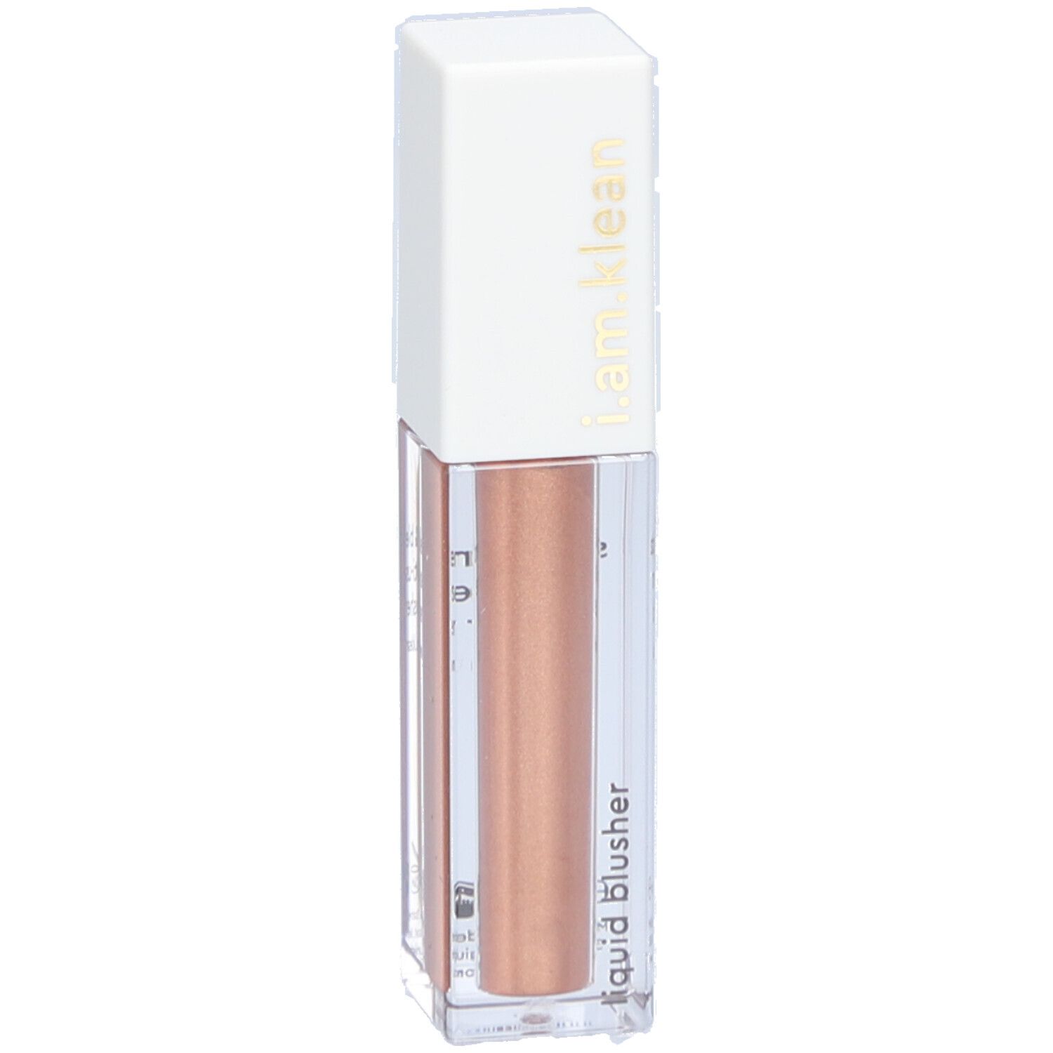 Highlighter liquide. Flacon transparent, bouchon blanc. Inscription: i.am.klean, liquid blusher.
