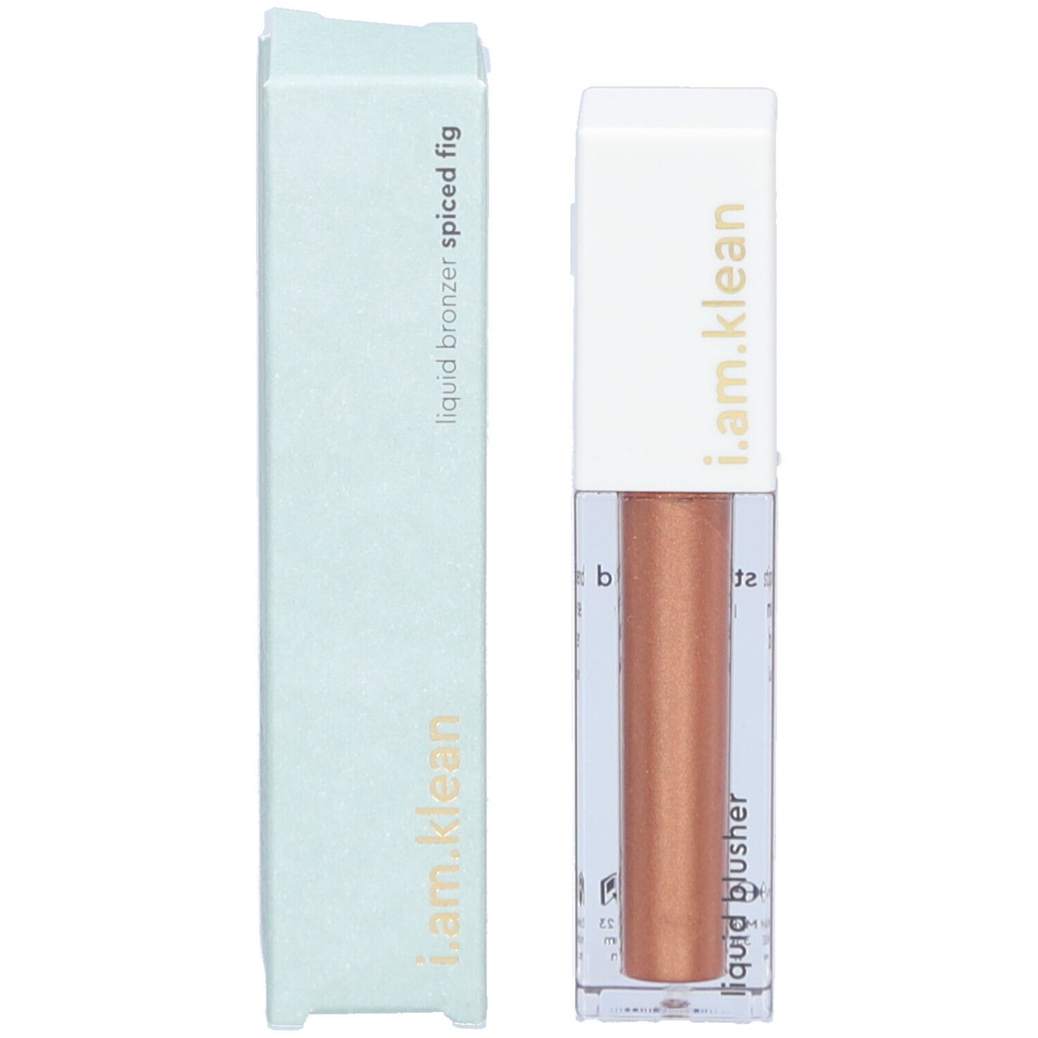 Bronzer liquide avec emballage. Flacon et boîte. Inscription: i.am.klean, liquid bronzer spiced fig.