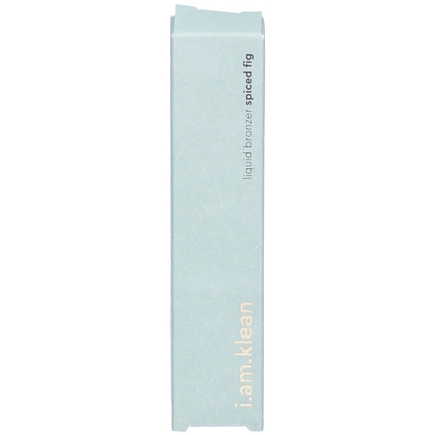 Emballage pour bronzer liquide. Boîte bleu clair. Inscription: i.am.klean, liquid bronzer spiced fig.