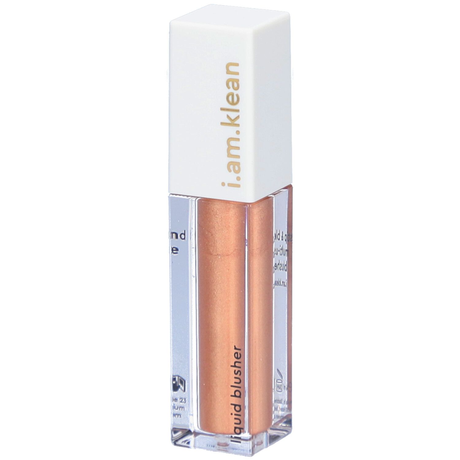 Highlighter liquide dans un flacon rectangulaire. Bouchon blanc avec inscription dorée i.am.klean. Liquide couleur bronze.