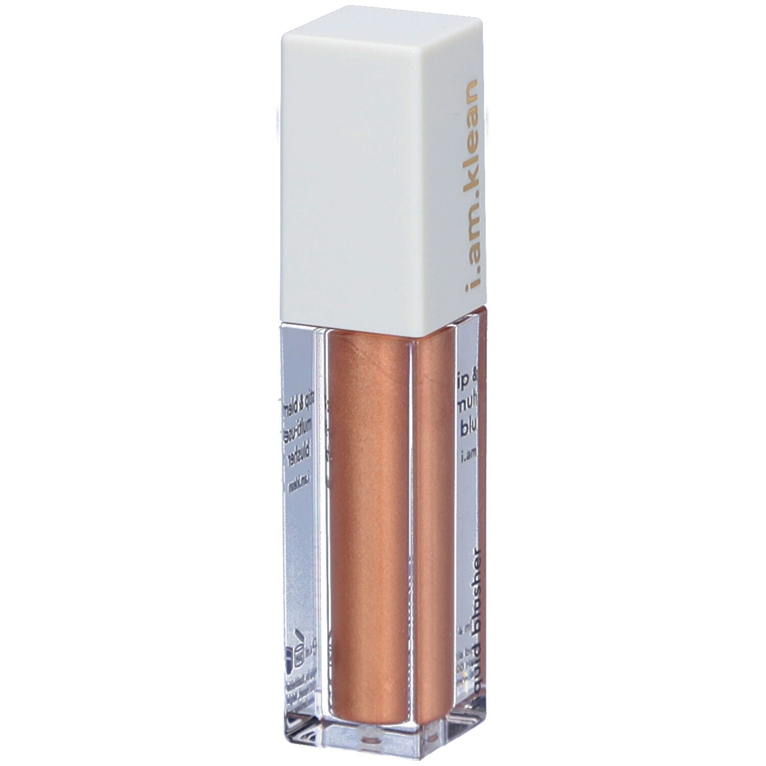 Highlighter liquide en flacon rectangulaire. Bouchon blanc avec inscription dorée i.am.klean. Liquide couleur bronze.