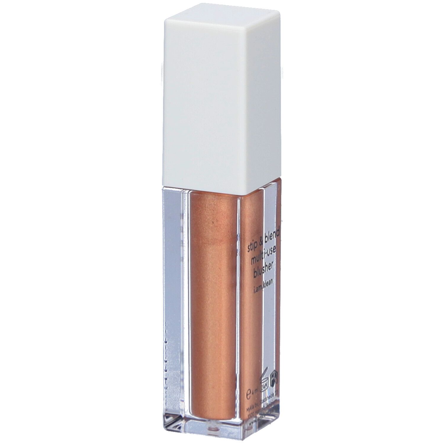 Highlighter liquide en flacon rectangulaire. Bouchon blanc avec inscription dorée i.am.klean. Liquide couleur bronze.