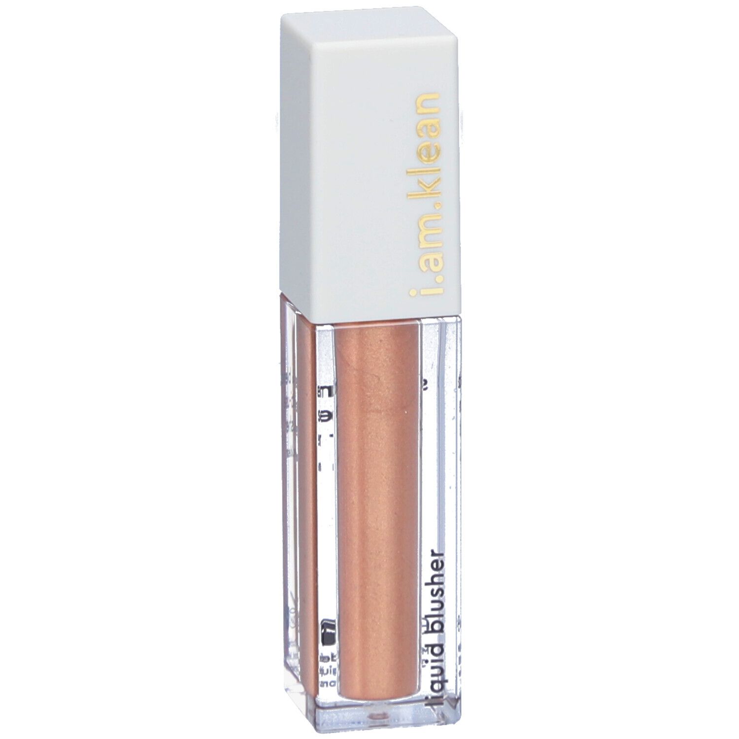Highlighter liquide en flacon rectangulaire. Bouchon blanc avec inscription dorée i.am.klean. Liquide couleur bronze.