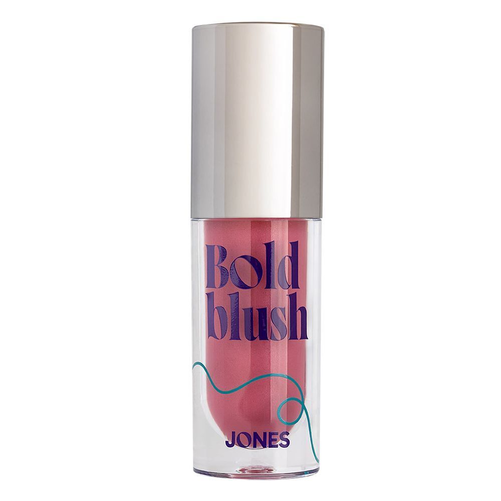 Fard à joues liquide dans un flacon transparent avec bouchon argenté. Inscription : Bold blush, JONES.