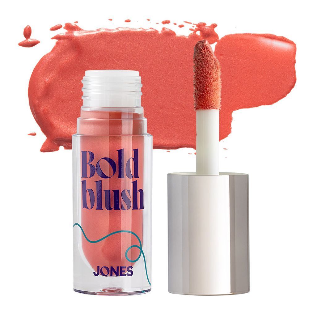 Fard à joues liquide avec applicateur. Inscription : Bold blush, JONES. Couleur du fard appliquée.