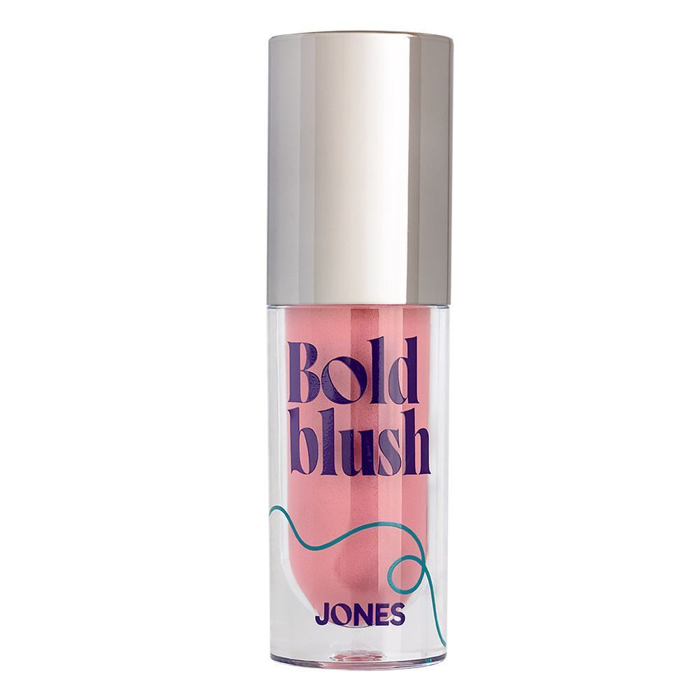 Fard à joues liquide en flacon transparent à bouchon argenté. Inscription : Bold blush, JONES.