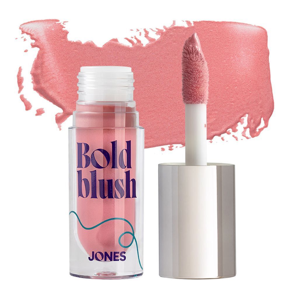 Fard à joues liquide avec applicateur. Inscription : Bold blush, JONES. Tache de couleur rose.
