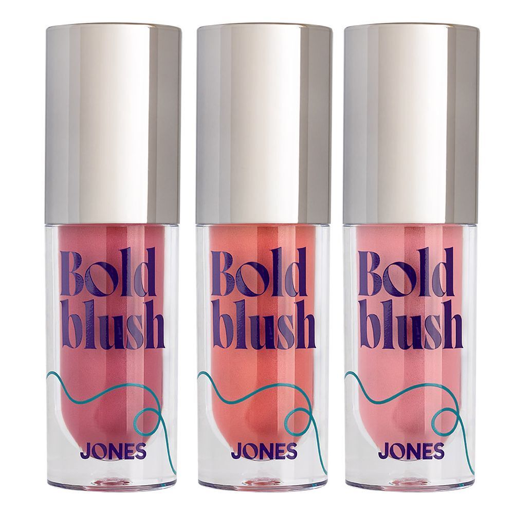 Trois fards à joues liquides en flacons transparents à bouchons argentés. Inscription : Bold blush, JONES.