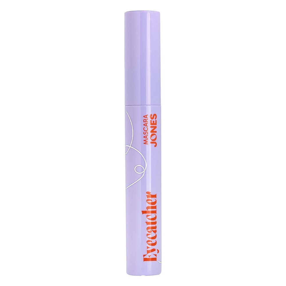 Tube de mascara lilas avec lettrage orange 'Eyecatcher' et 'Mascara Jones'.