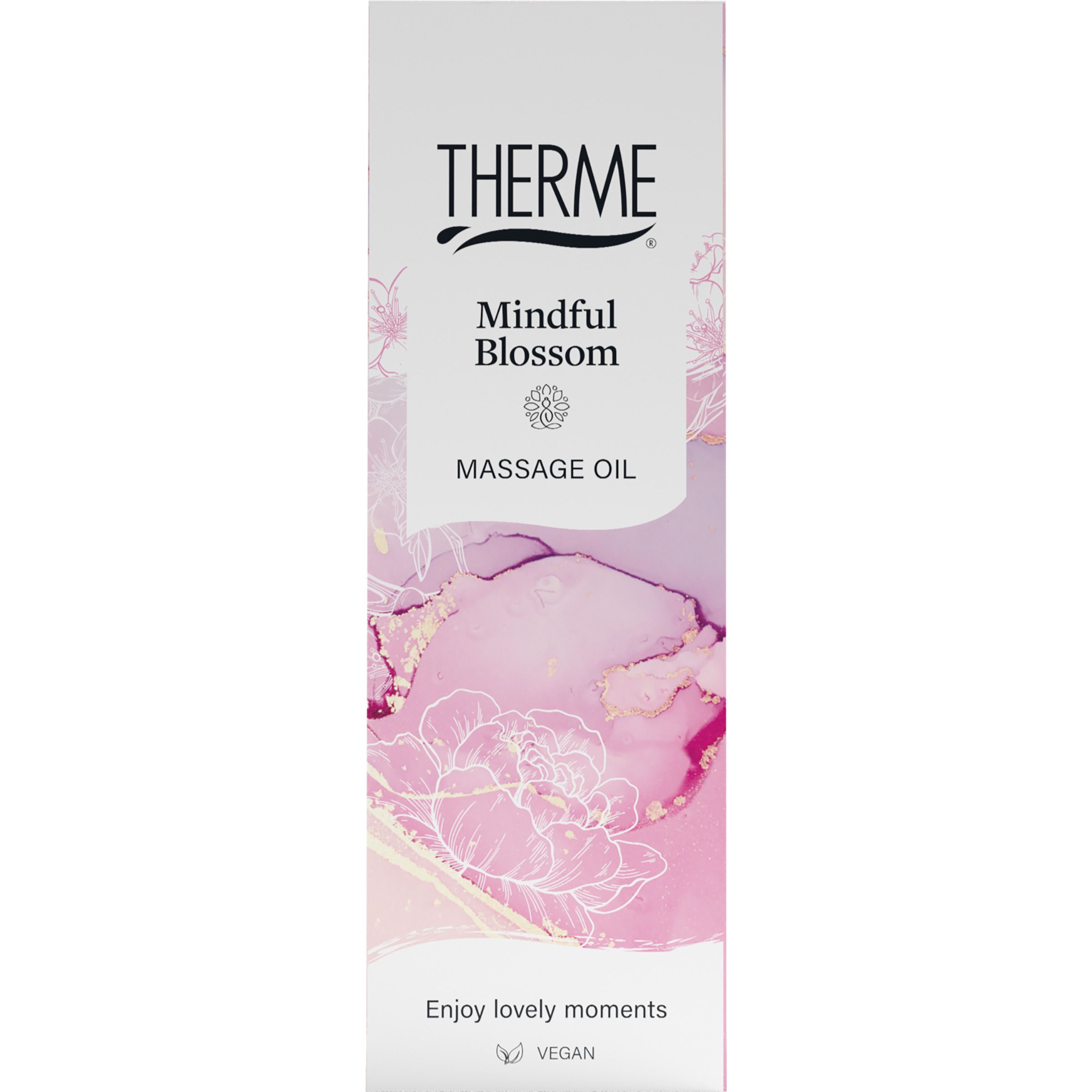 Emballage de l'huile de massage Therme Mindful Blossom. Inscriptions : THERME, Mindful Blossom, Massage Oil. Avec motif floral.