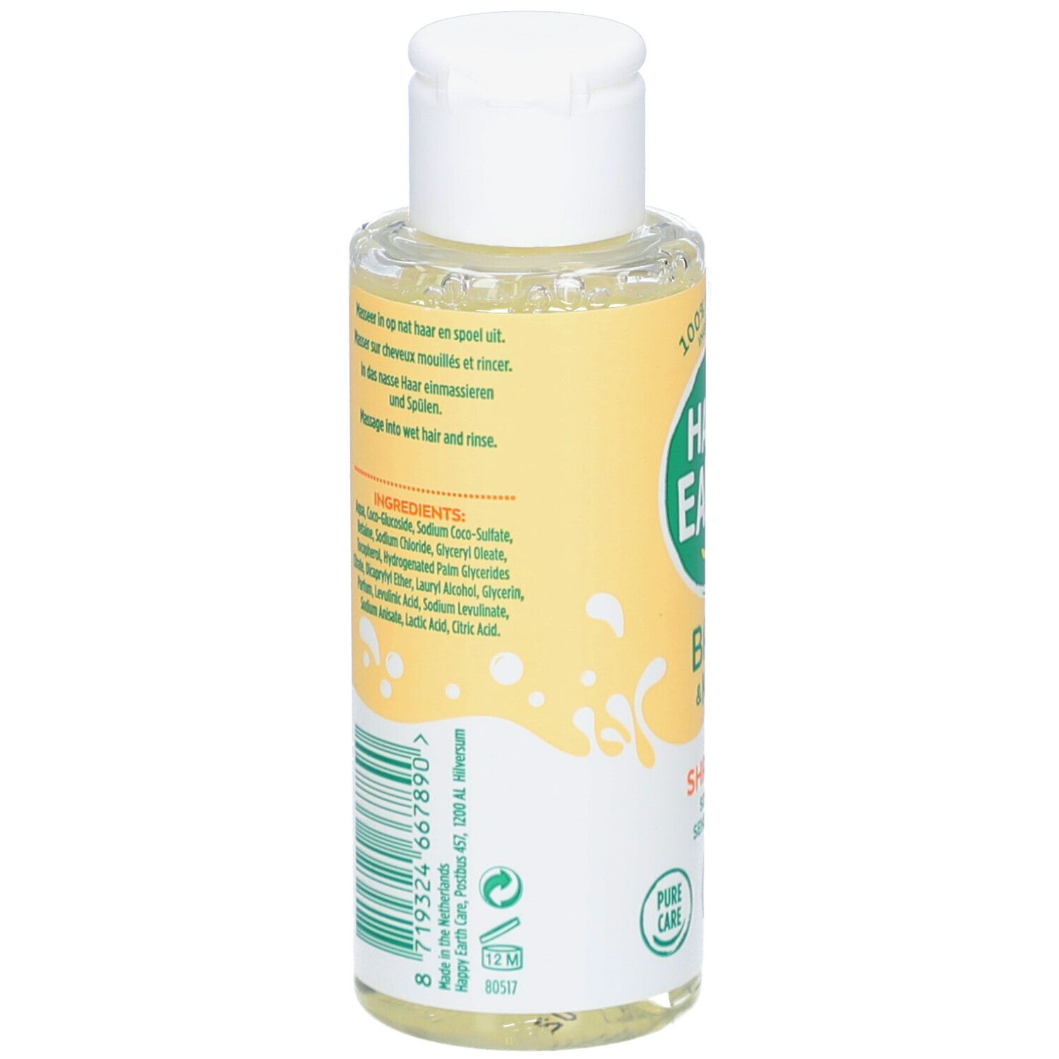 Dos du flacon de shampooing. Contient ingrédients et instructions. Label vegan et code-barres.