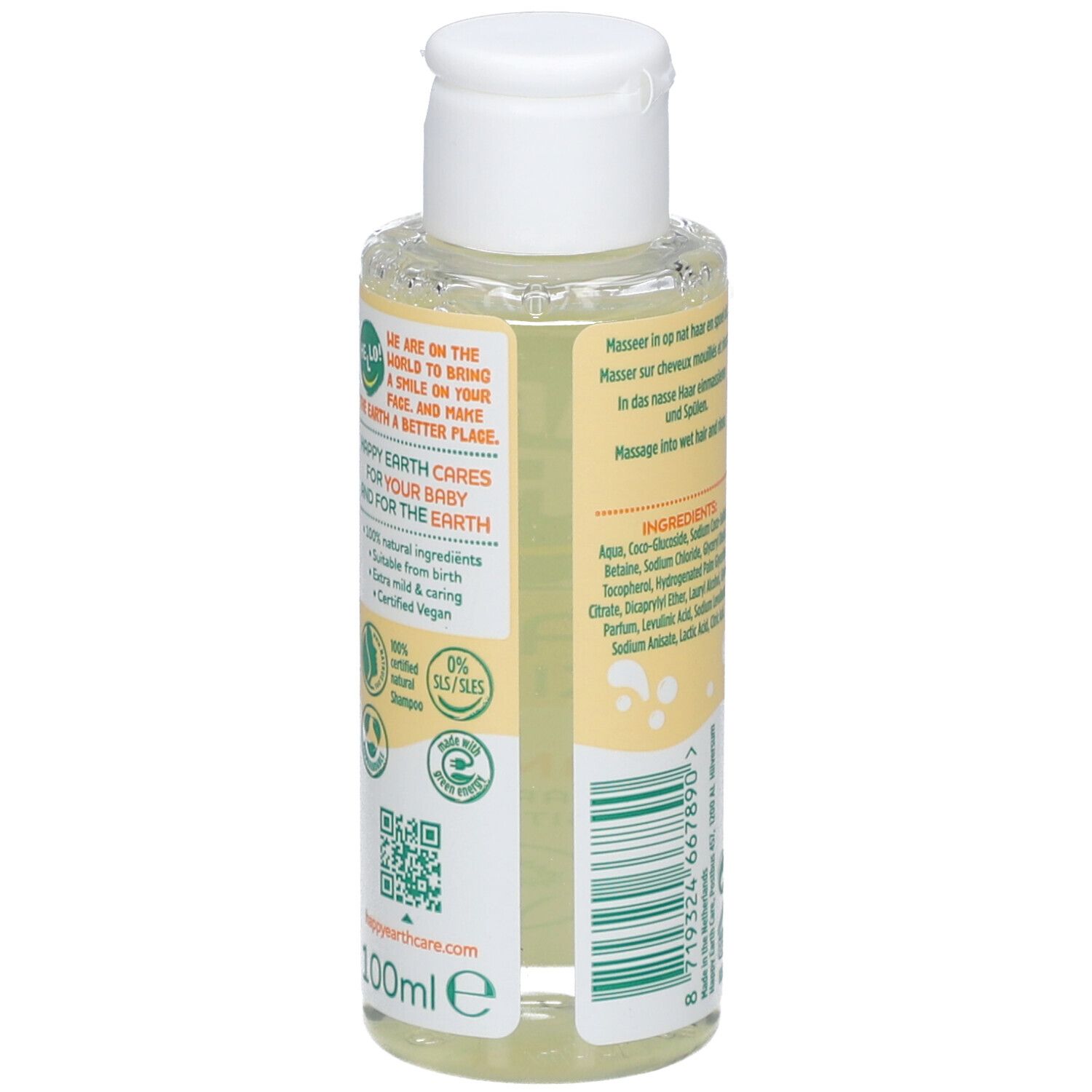 Dos du flacon de shampooing. Contient ingrédients et instructions. Label vegan et code-barres.