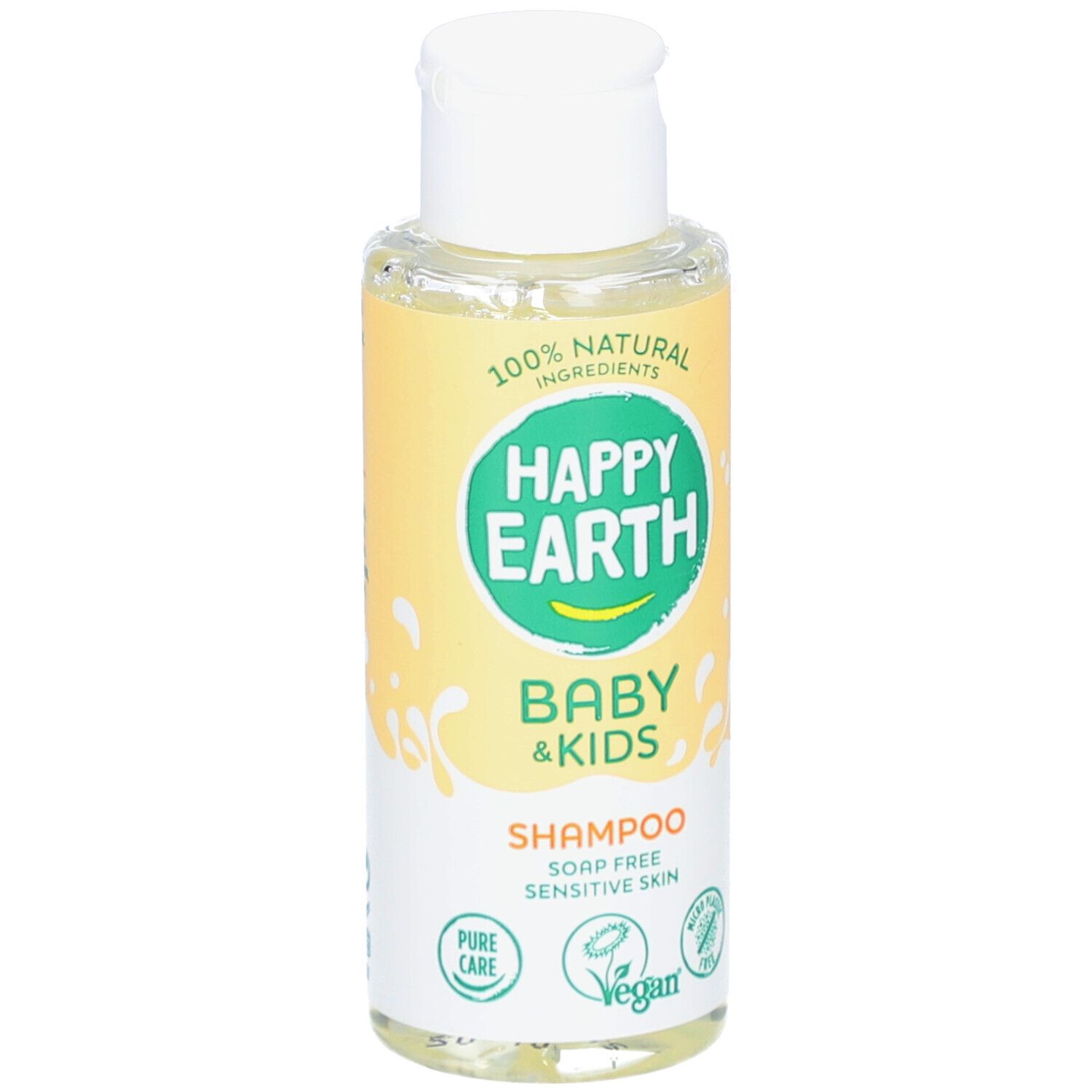 Flacon de shampooing avec bouchon blanc. Inscription: Happy Earth Baby & Kids Shampoo. Vegan, pour peaux sensibles.
