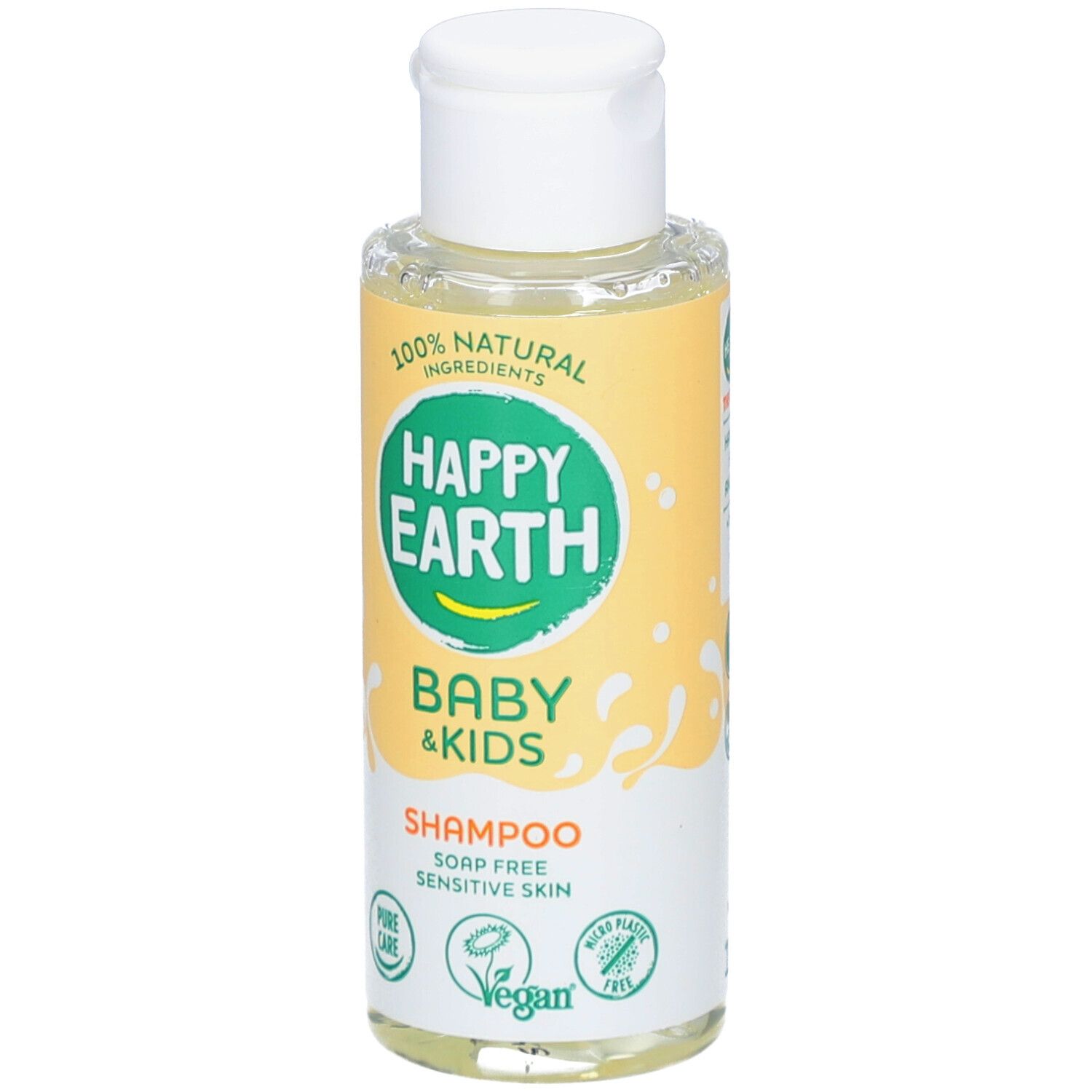 Flacon de shampooing avec bouchon blanc. Inscription: Happy Earth Baby & Kids Shampoo. Vegan, pour peaux sensibles.