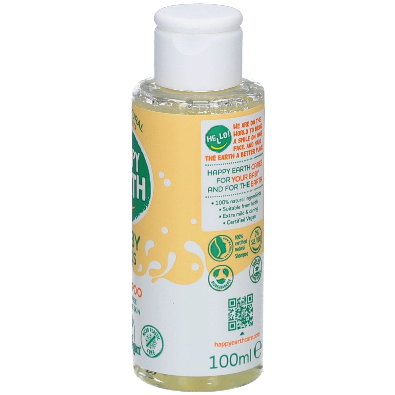 Dos du flacon de shampooing. Contient ingrédients et instructions. Label vegan et code-barres.