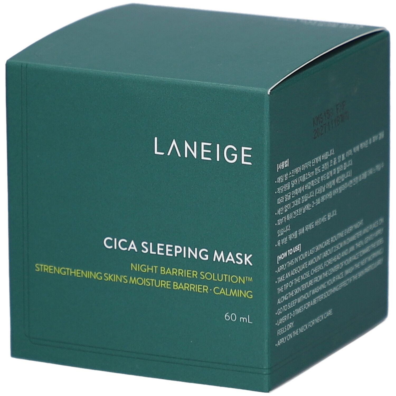 Boîte verte LANEIGE Cica Sleeping Mask, 60 ml. Texte et logo blancs. Vue en biais, angle de prise de vue.